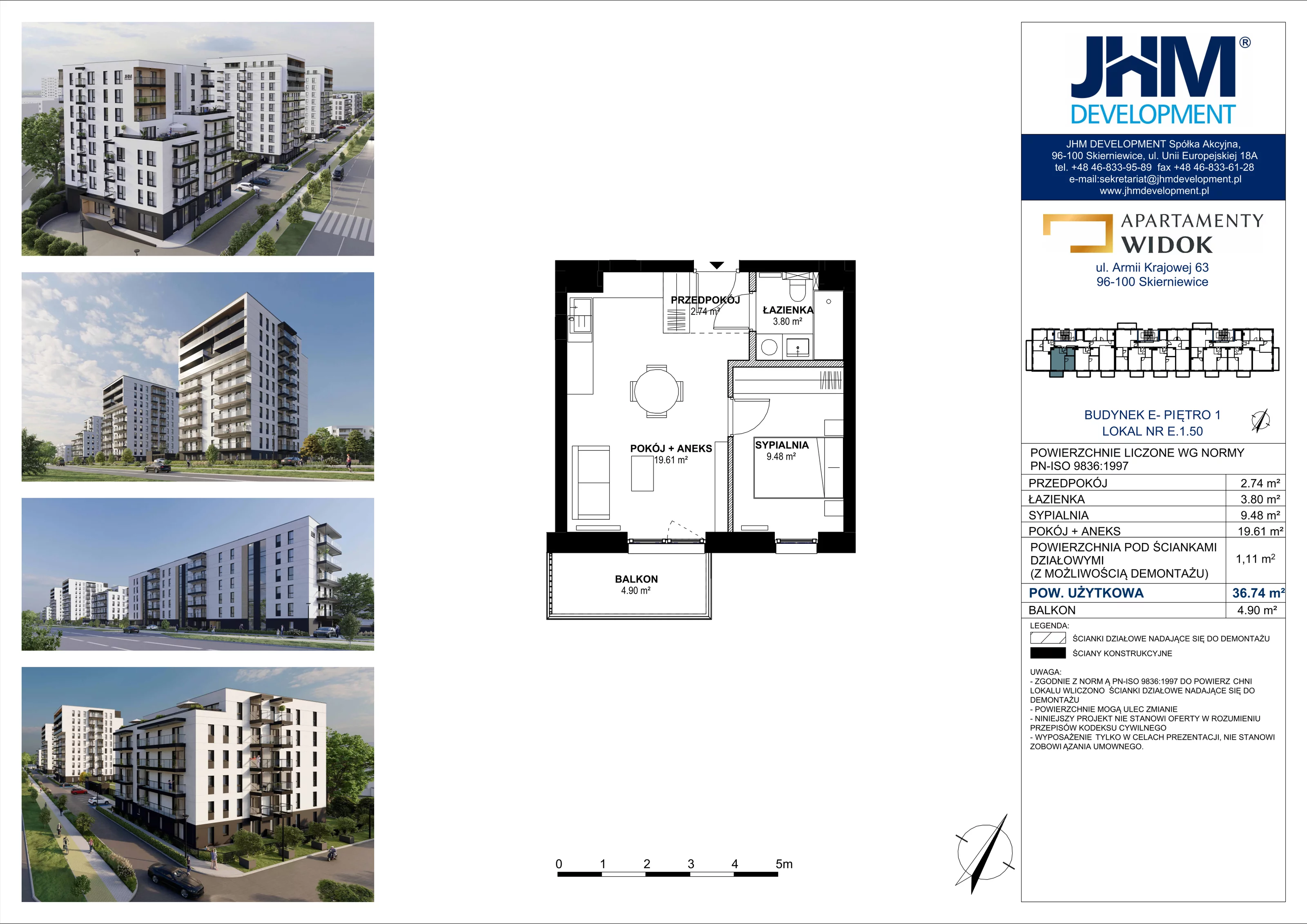 2 pokoje, mieszkanie 36,74 m², piętro 1, oferta nr E.1.50, Apartamenty Widok etap II, Skierniewice, Widok, ul. Armii Krajowej 63