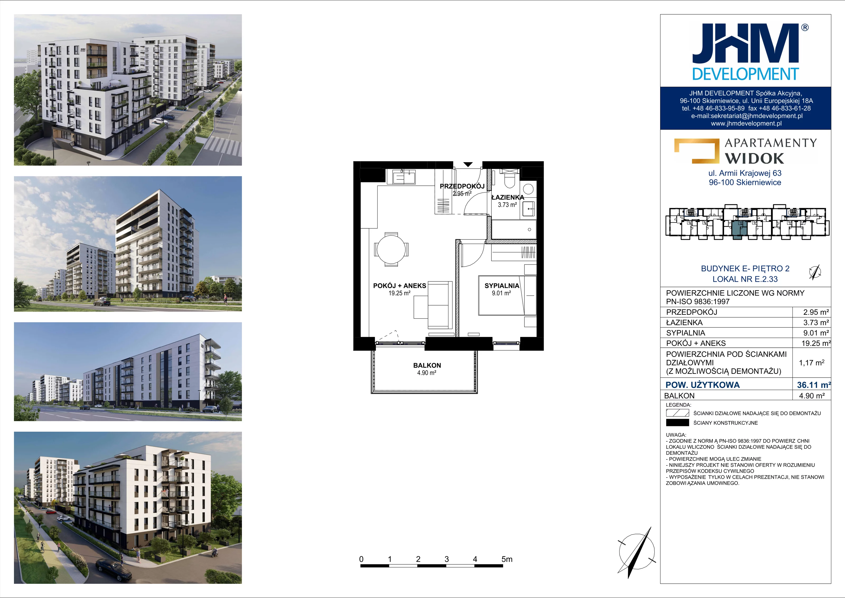 2 pokoje, mieszkanie 36,11 m², piętro 2, oferta nr E.2.33, Apartamenty Widok etap II, Skierniewice, Widok, ul. Armii Krajowej 63