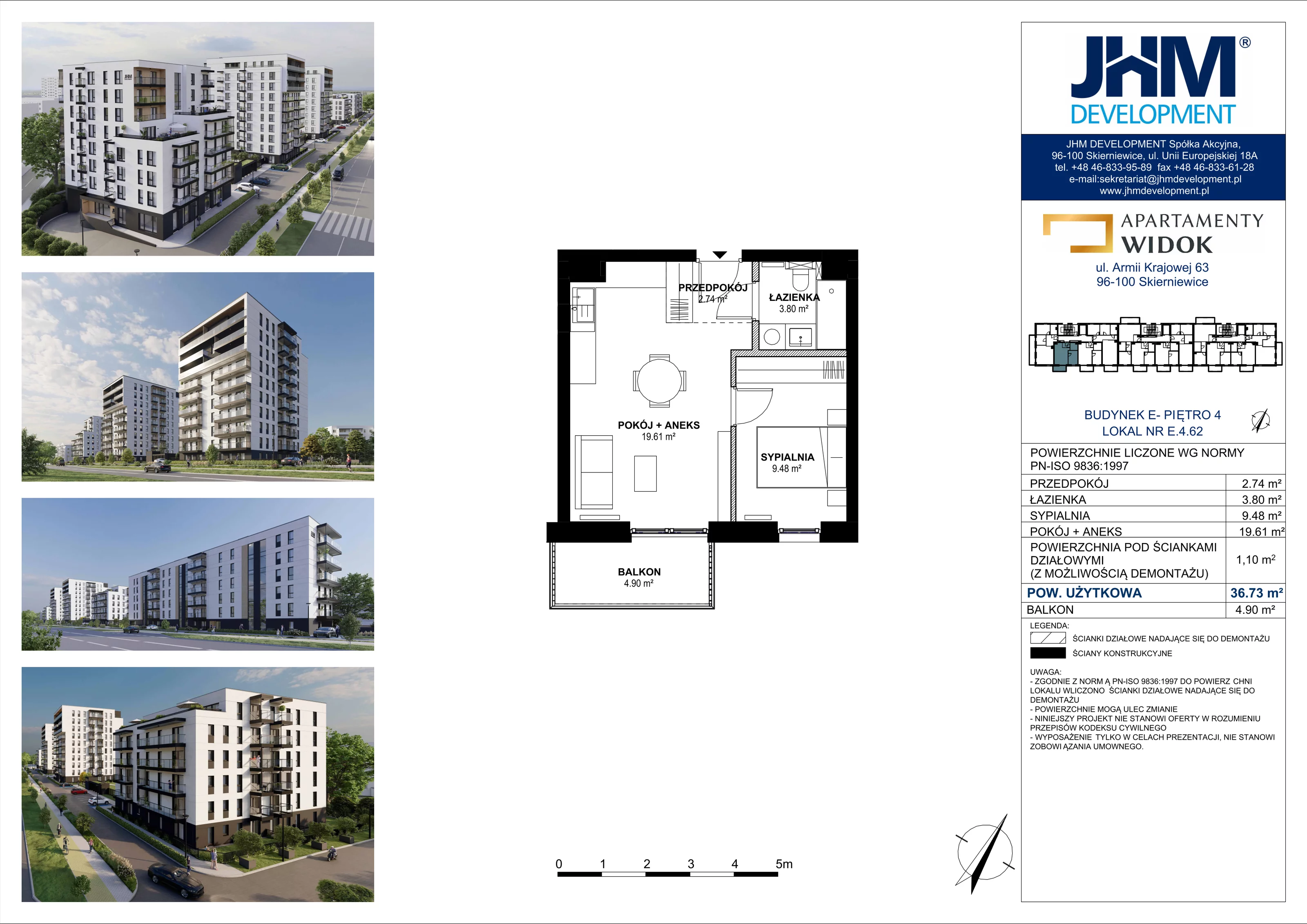 2 pokoje, mieszkanie 36,73 m², piętro 4, oferta nr E.4.62, Apartamenty Widok etap II, Skierniewice, Widok, ul. Armii Krajowej 63