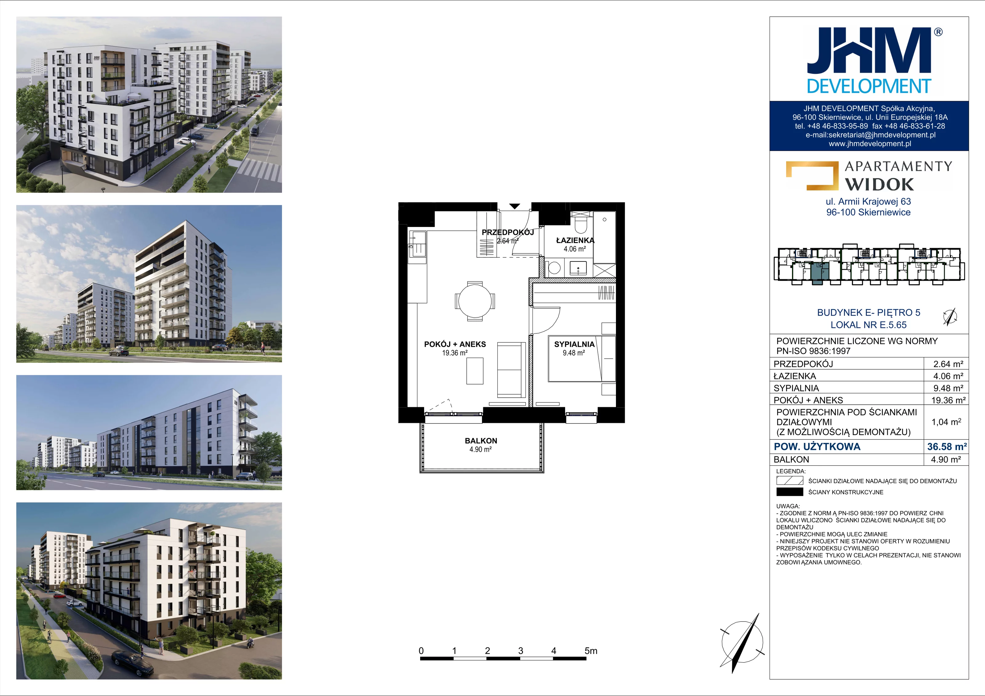 2 pokoje, mieszkanie 36,58 m², piętro 5, oferta nr E.5.65, Apartamenty Widok etap II, Skierniewice, Widok, ul. Armii Krajowej 63