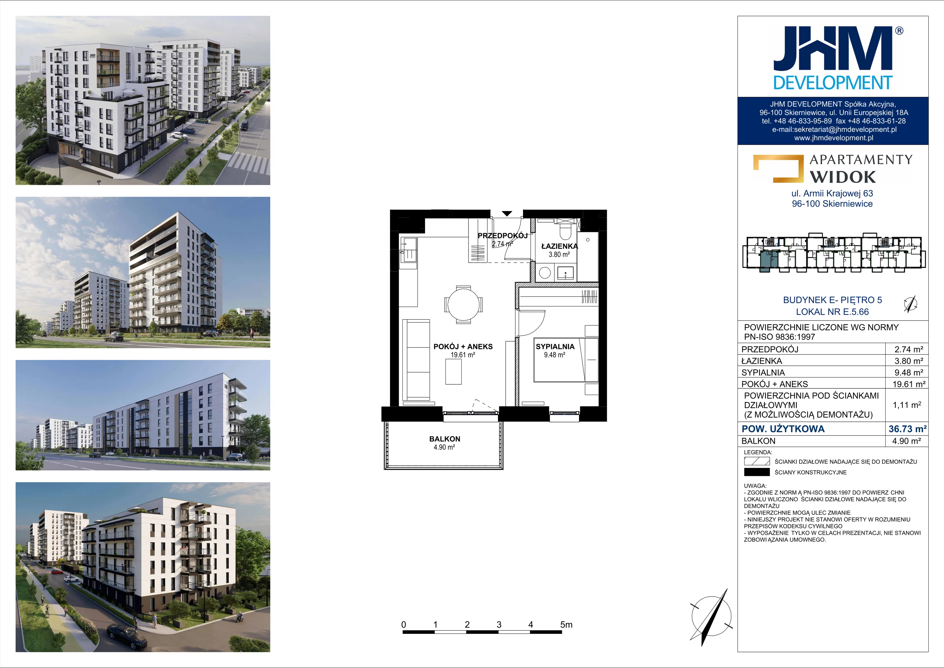 2 pokoje, mieszkanie 36,73 m², piętro 5, oferta nr E.5.66, Apartamenty Widok etap II, Skierniewice, Widok, ul. Armii Krajowej 63