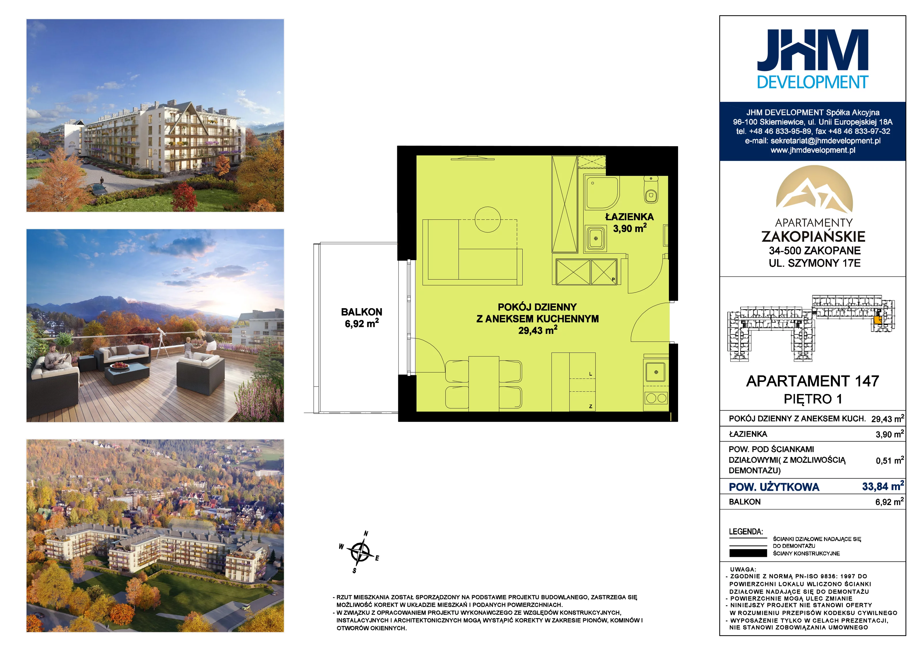 1 pokój, mieszkanie 33,84 m², piętro 1, oferta nr 147, Apartamenty Zakopiańskie, Zakopane, ul. Szymony 17E