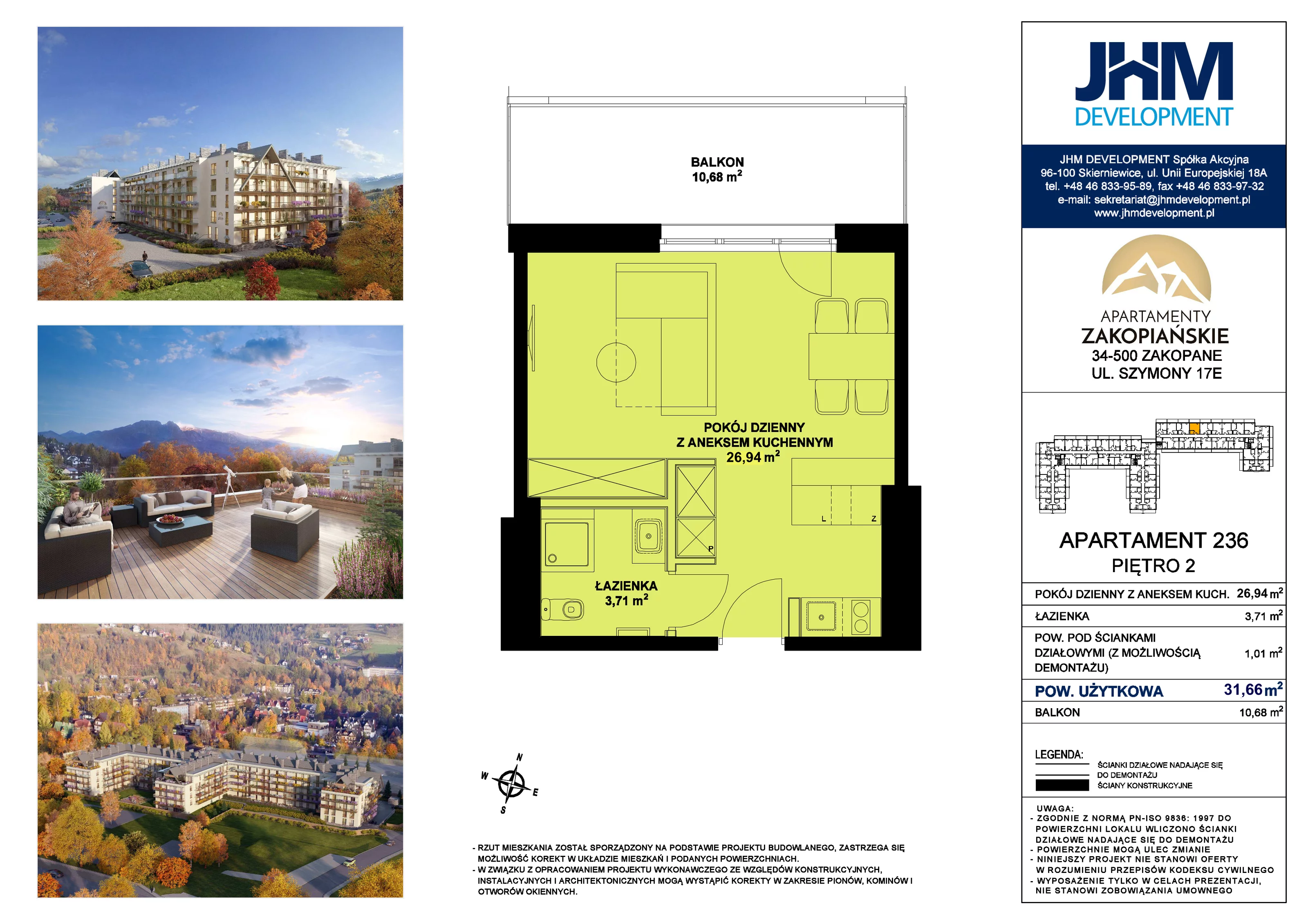 1 pokój, mieszkanie 31,66 m², piętro 2, oferta nr 236, Apartamenty Zakopiańskie, Zakopane, ul. Szymony 17E