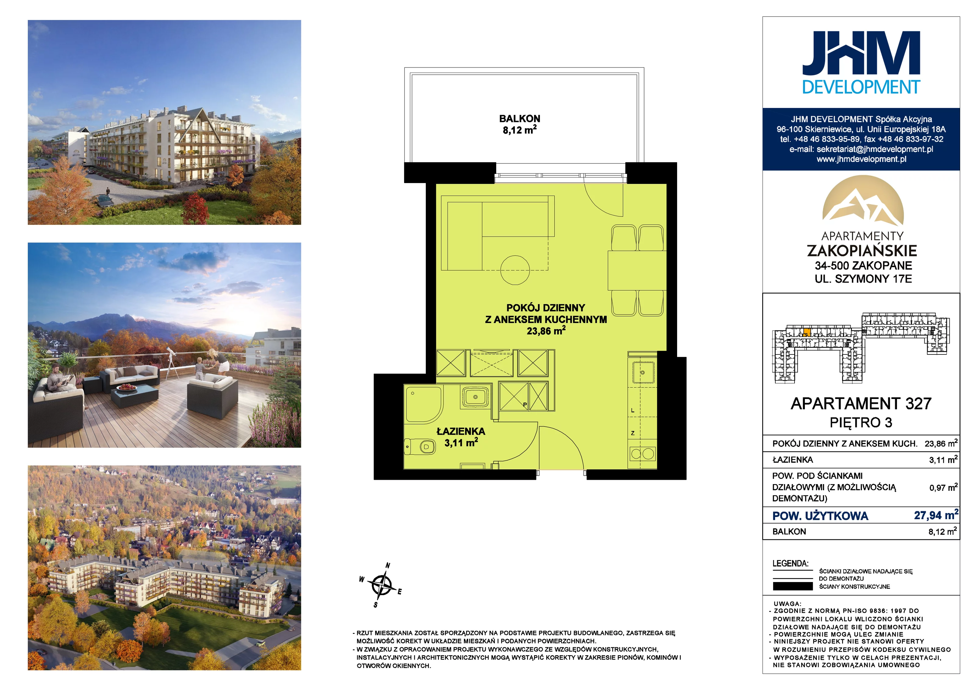 1 pokój, mieszkanie 27,94 m², piętro 3, oferta nr 327 Premium, Apartamenty Zakopiańskie, Zakopane, ul. Szymony 17E