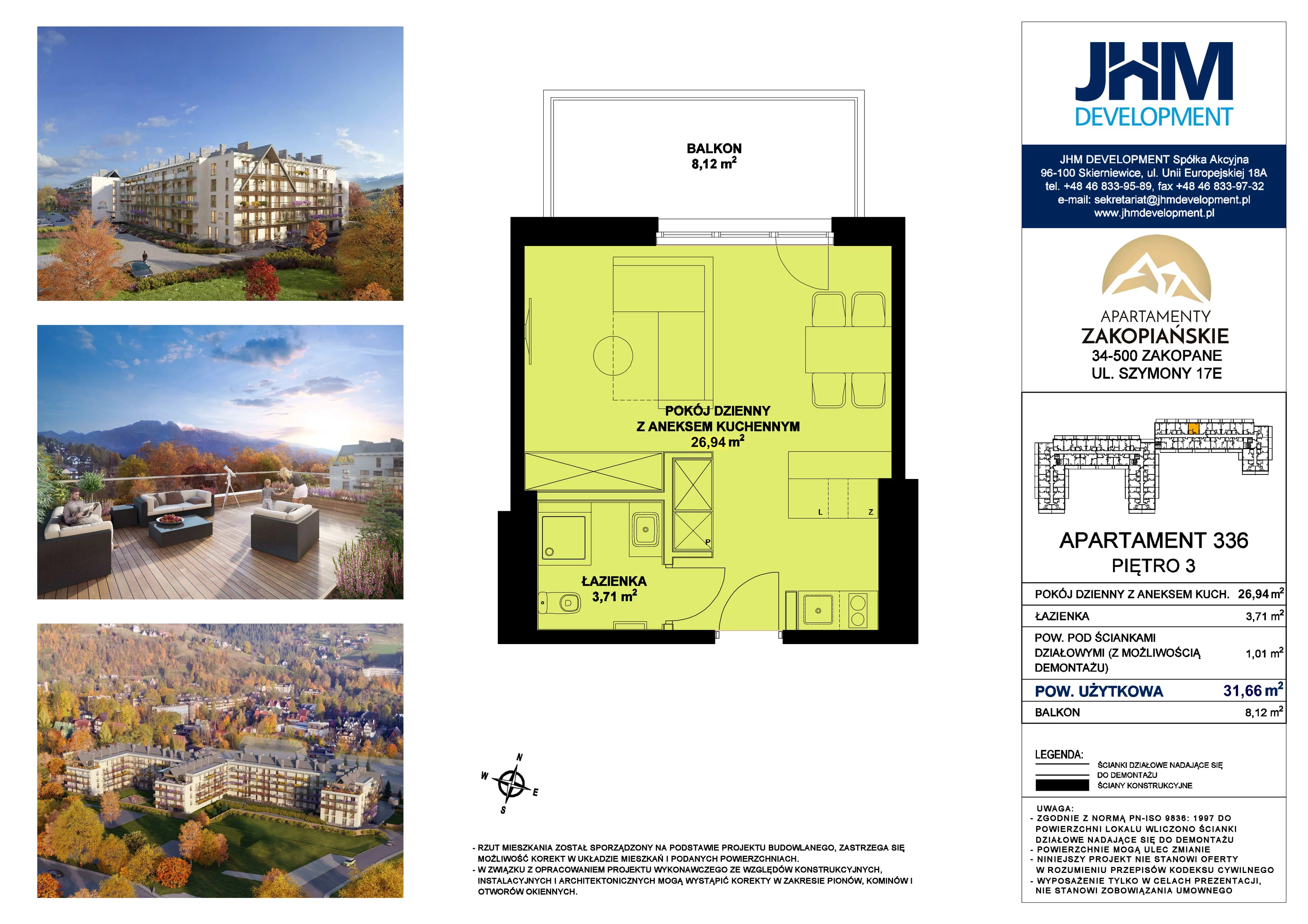1 pokój, mieszkanie 31,66 m², piętro 3, oferta nr 336, Apartamenty Zakopiańskie, Zakopane, ul. Szymony 17E