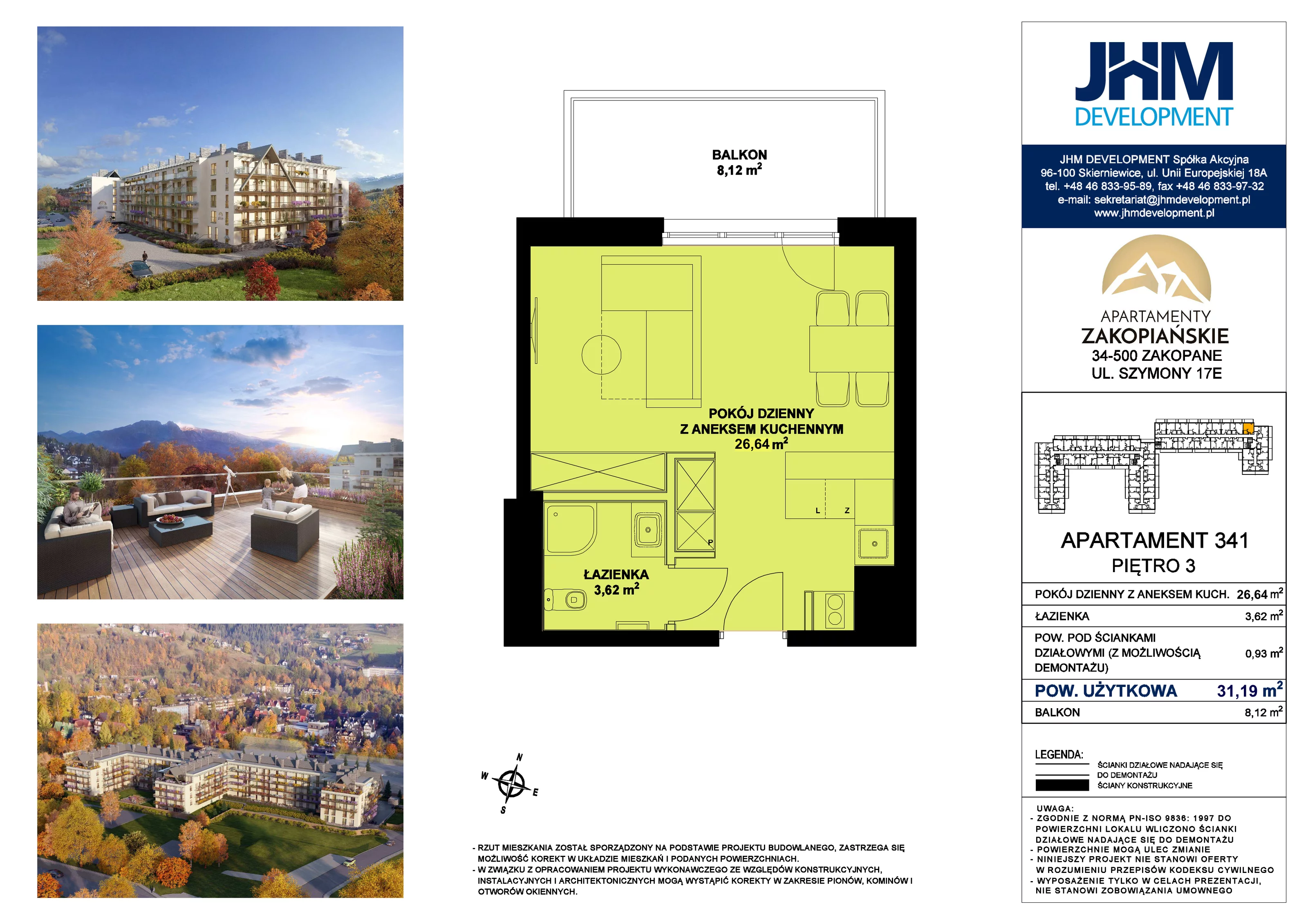 1 pokój, mieszkanie 31,19 m², piętro 3, oferta nr 341, Apartamenty Zakopiańskie, Zakopane, ul. Szymony 17E