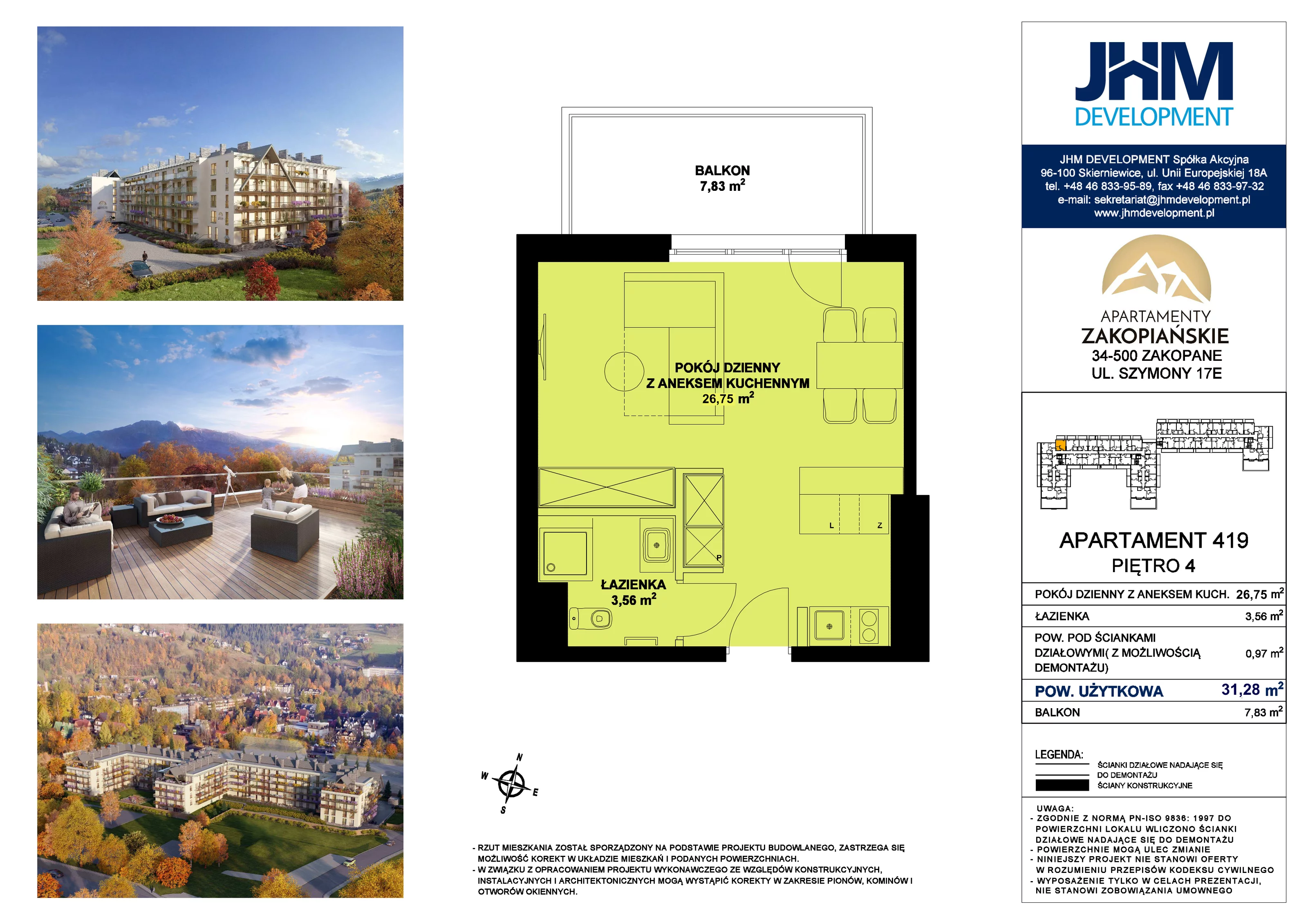1 pokój, mieszkanie 31,28 m², piętro 4, oferta nr 419, Apartamenty Zakopiańskie, Zakopane, ul. Szymony 17E