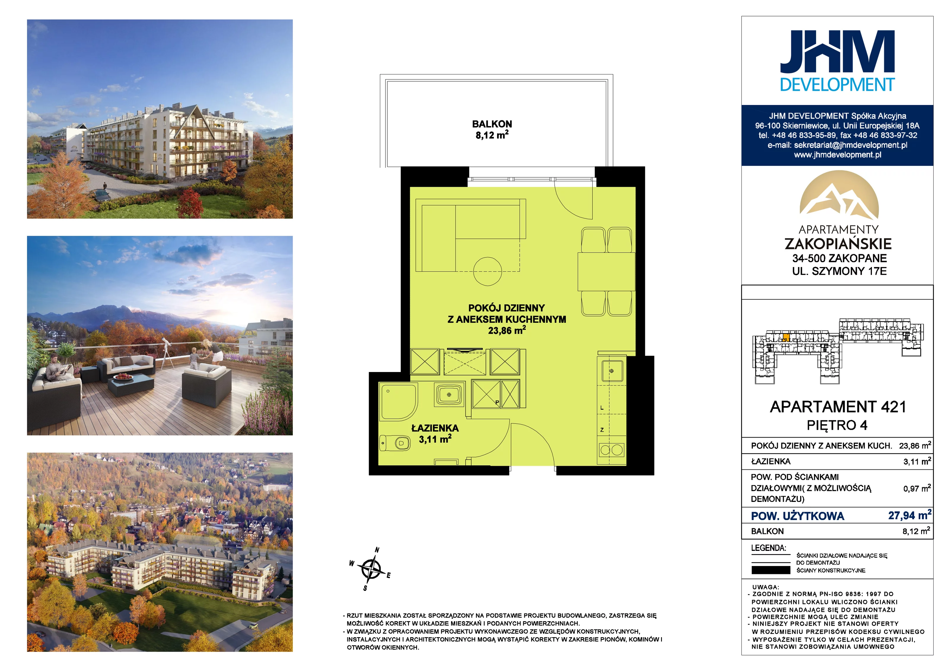 1 pokój, mieszkanie 27,94 m², piętro 4, oferta nr 421, Apartamenty Zakopiańskie, Zakopane, ul. Szymony 17E
