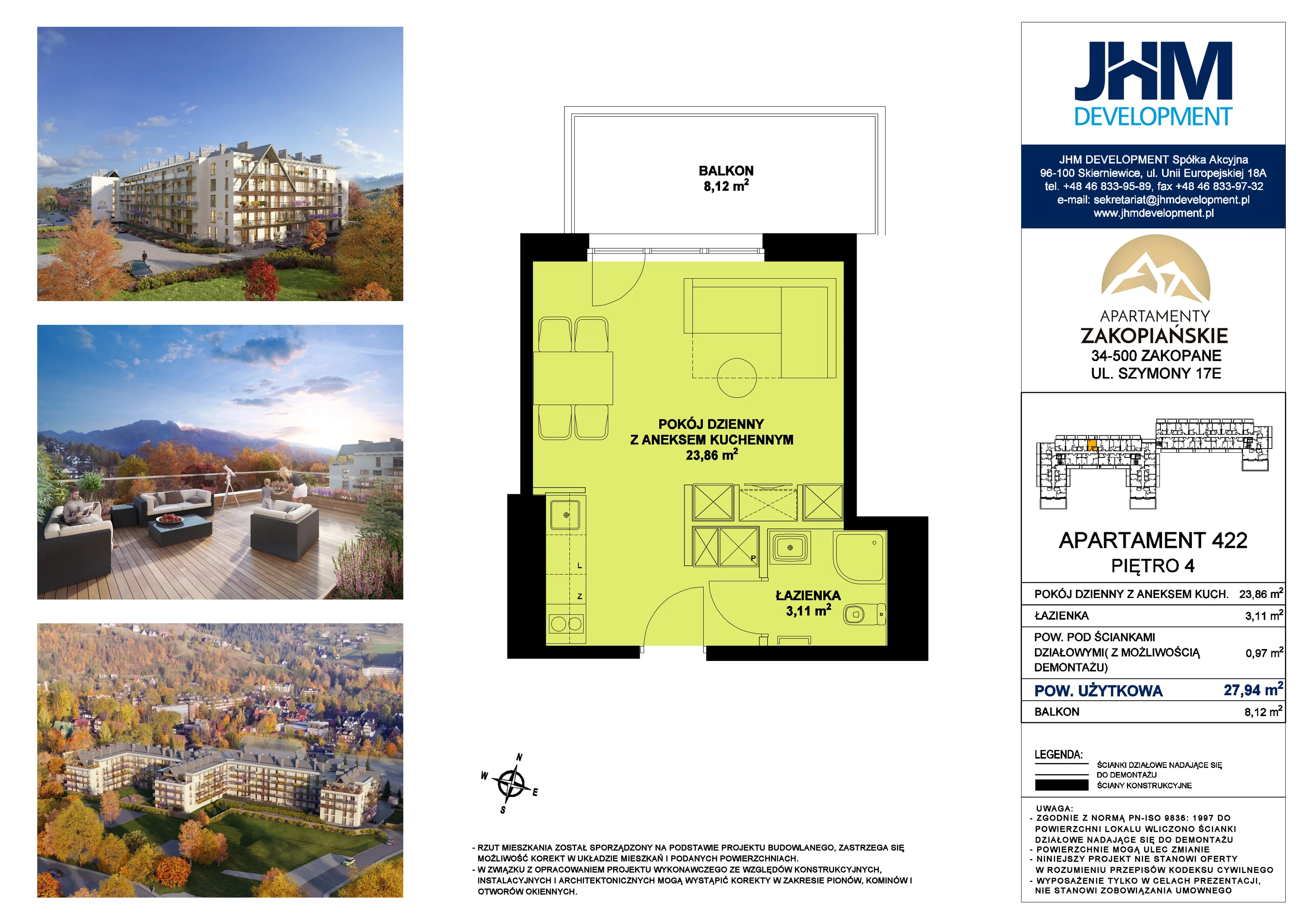 1 pokój, mieszkanie 27,94 m², piętro 4, oferta nr 422 , Apartamenty Zakopiańskie, Zakopane, ul. Szymony 17E
