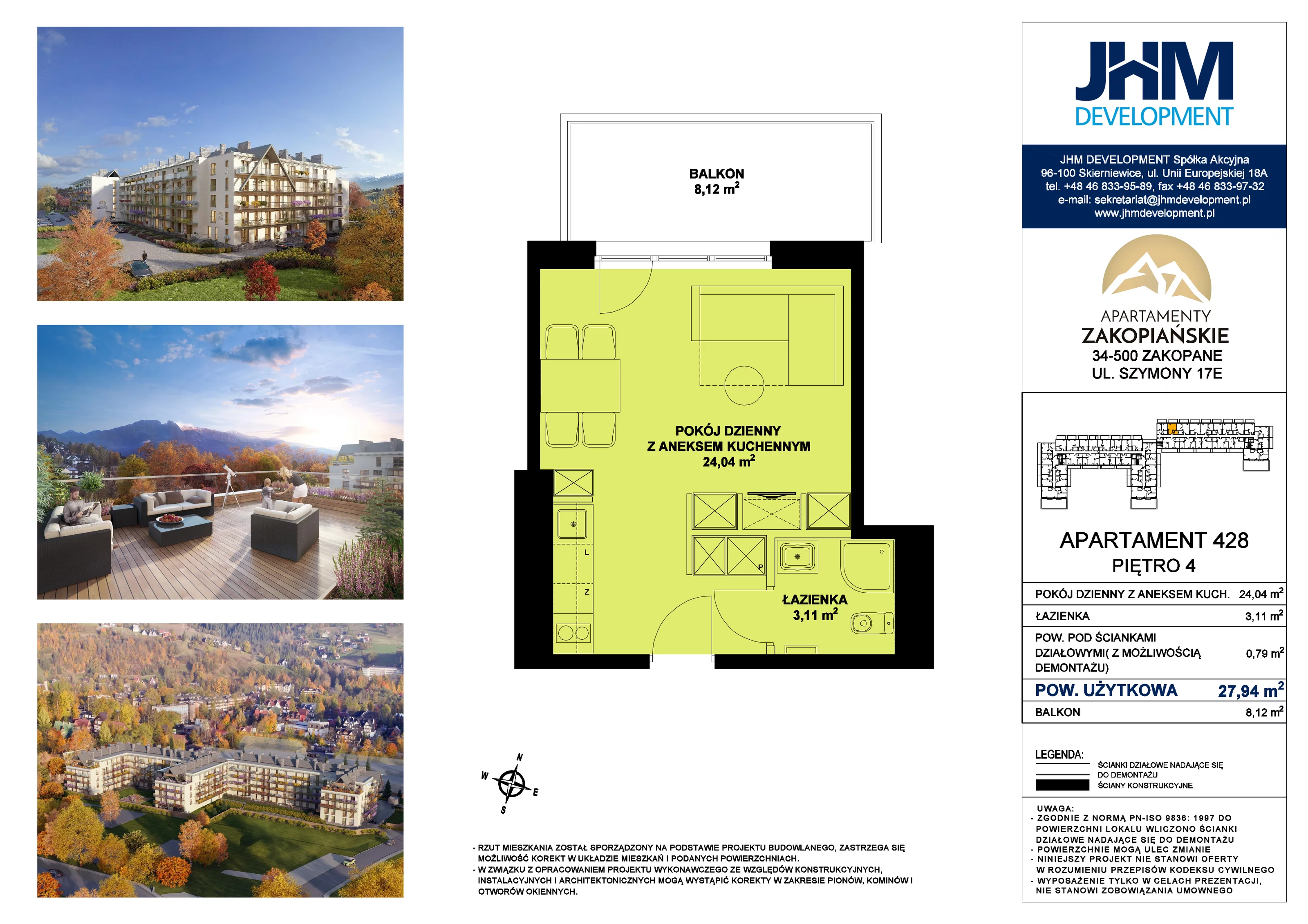 1 pokój, mieszkanie 27,94 m², piętro 4, oferta nr 428, Apartamenty Zakopiańskie, Zakopane, ul. Szymony 17E