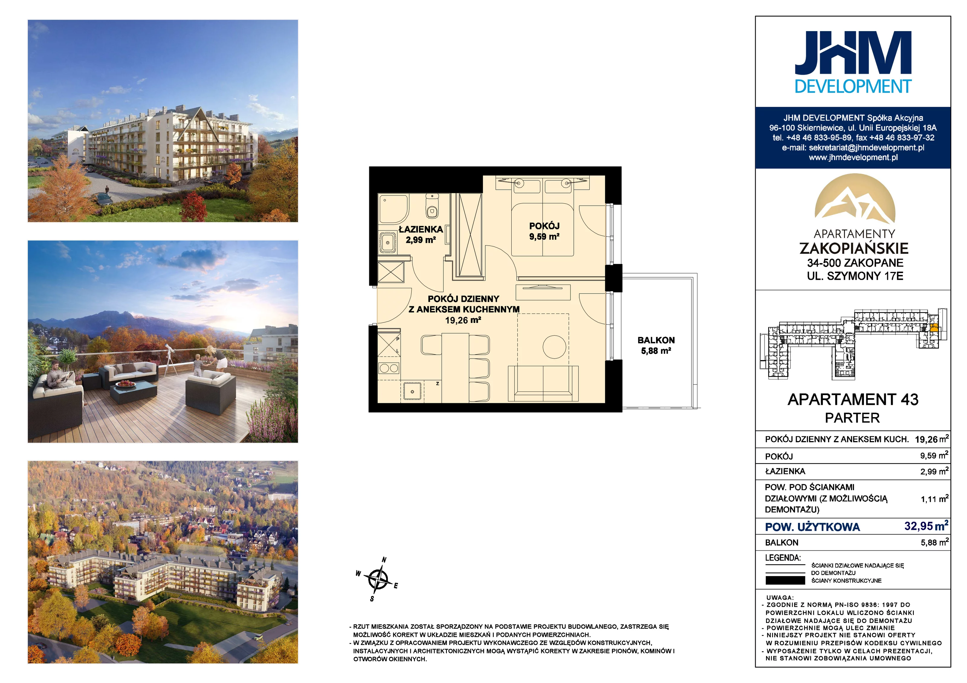2 pokoje, mieszkanie 32,95 m², parter, oferta nr 43 Premium, Apartamenty Zakopiańskie, Zakopane, ul. Szymony 17E