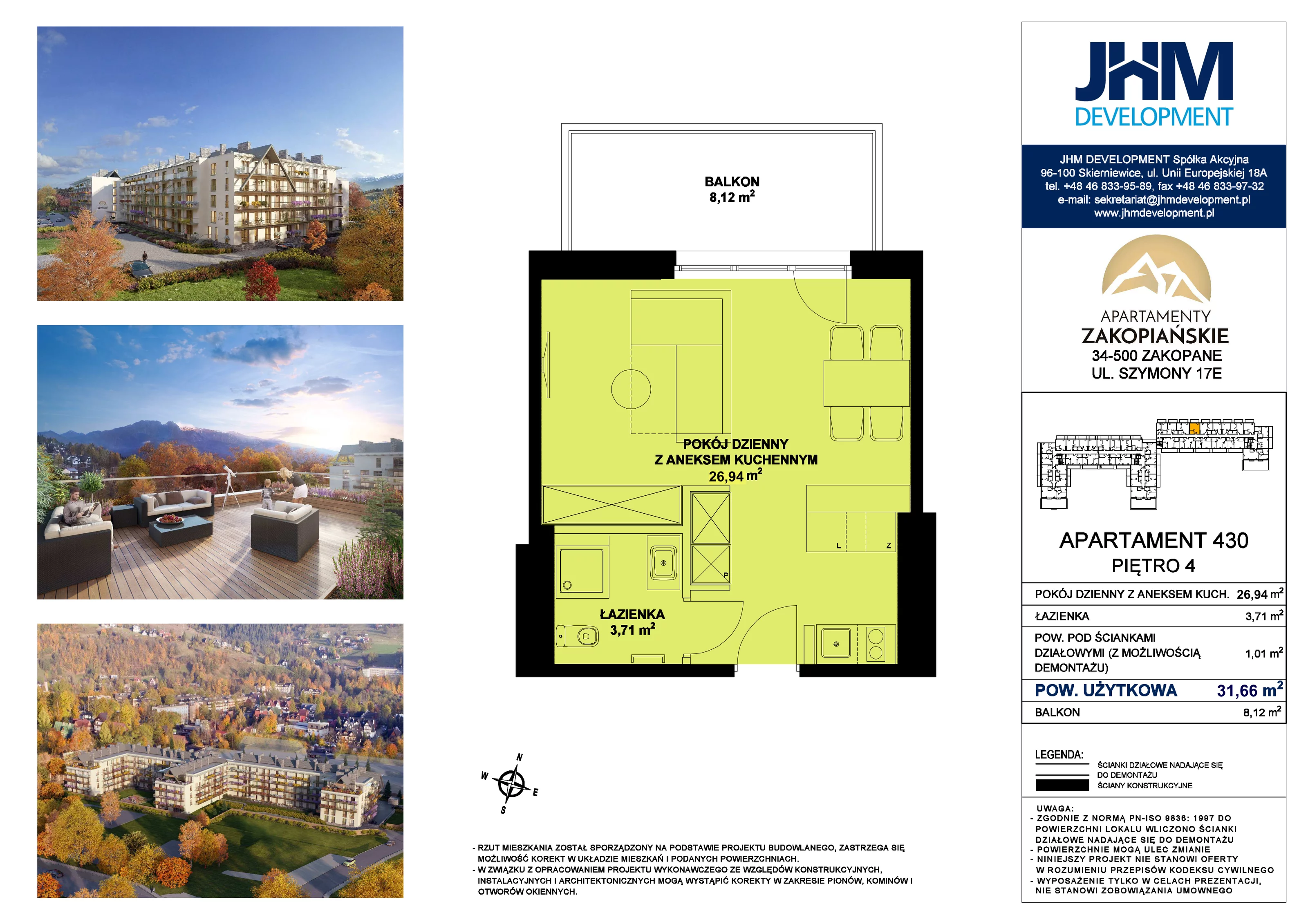 1 pokój, mieszkanie 31,66 m², piętro 4, oferta nr 430 Premium, Apartamenty Zakopiańskie, Zakopane, ul. Szymony 17E