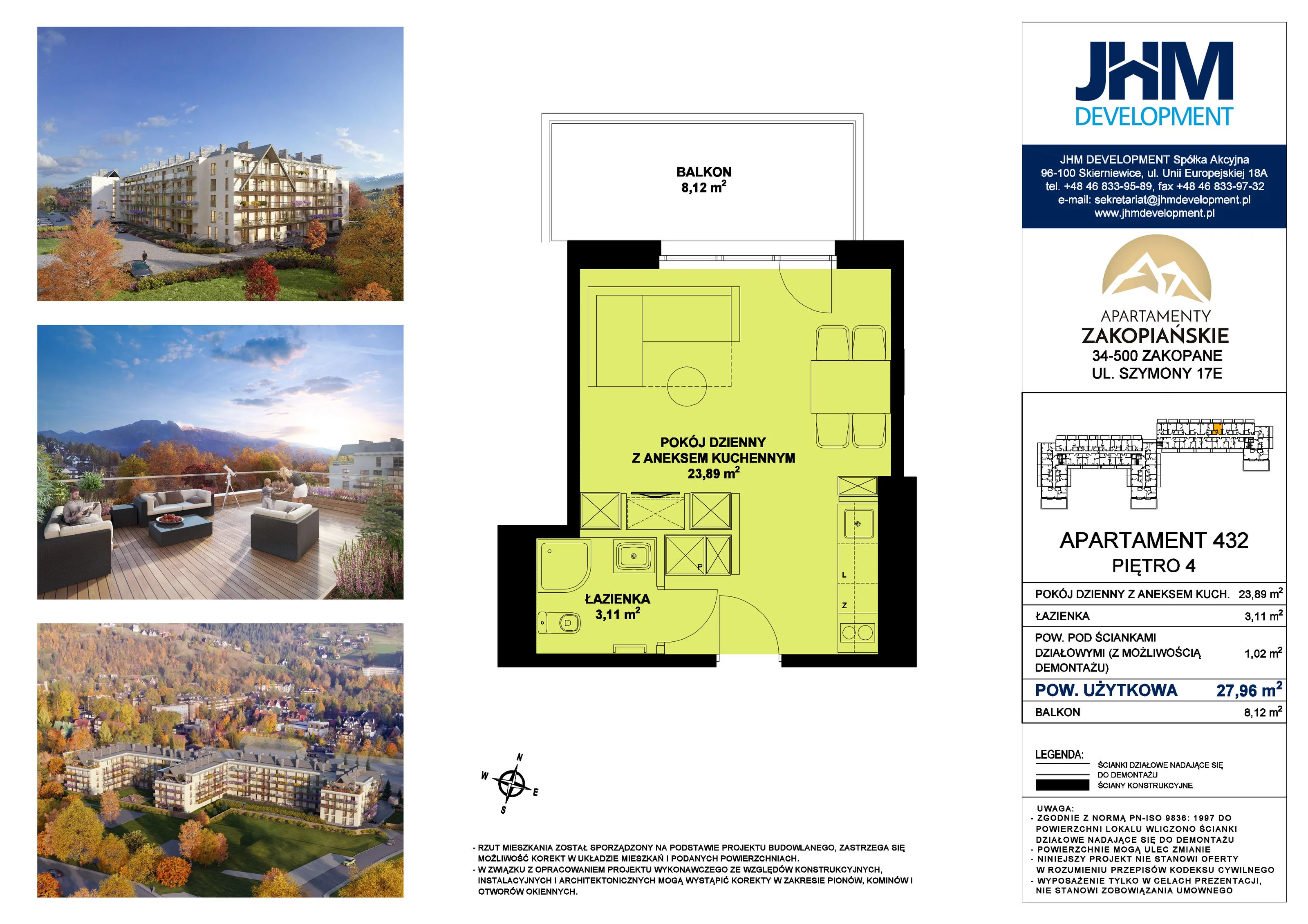 1 pokój, mieszkanie 27,96 m², piętro 4, oferta nr 432 Premium, Apartamenty Zakopiańskie, Zakopane, ul. Szymony 17E