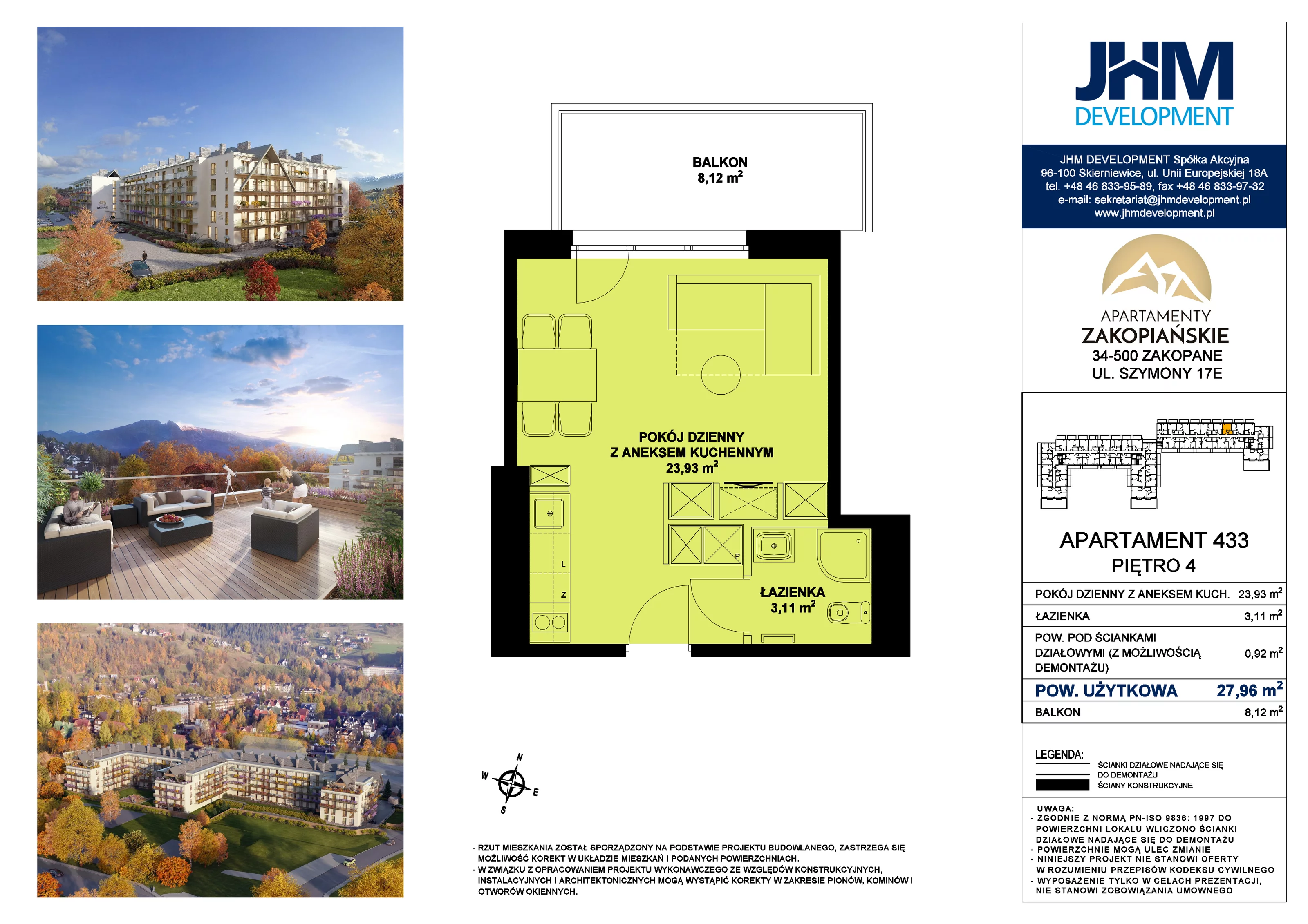 1 pokój, mieszkanie 27,96 m², piętro 4, oferta nr 433, Apartamenty Zakopiańskie, Zakopane, ul. Szymony 17E