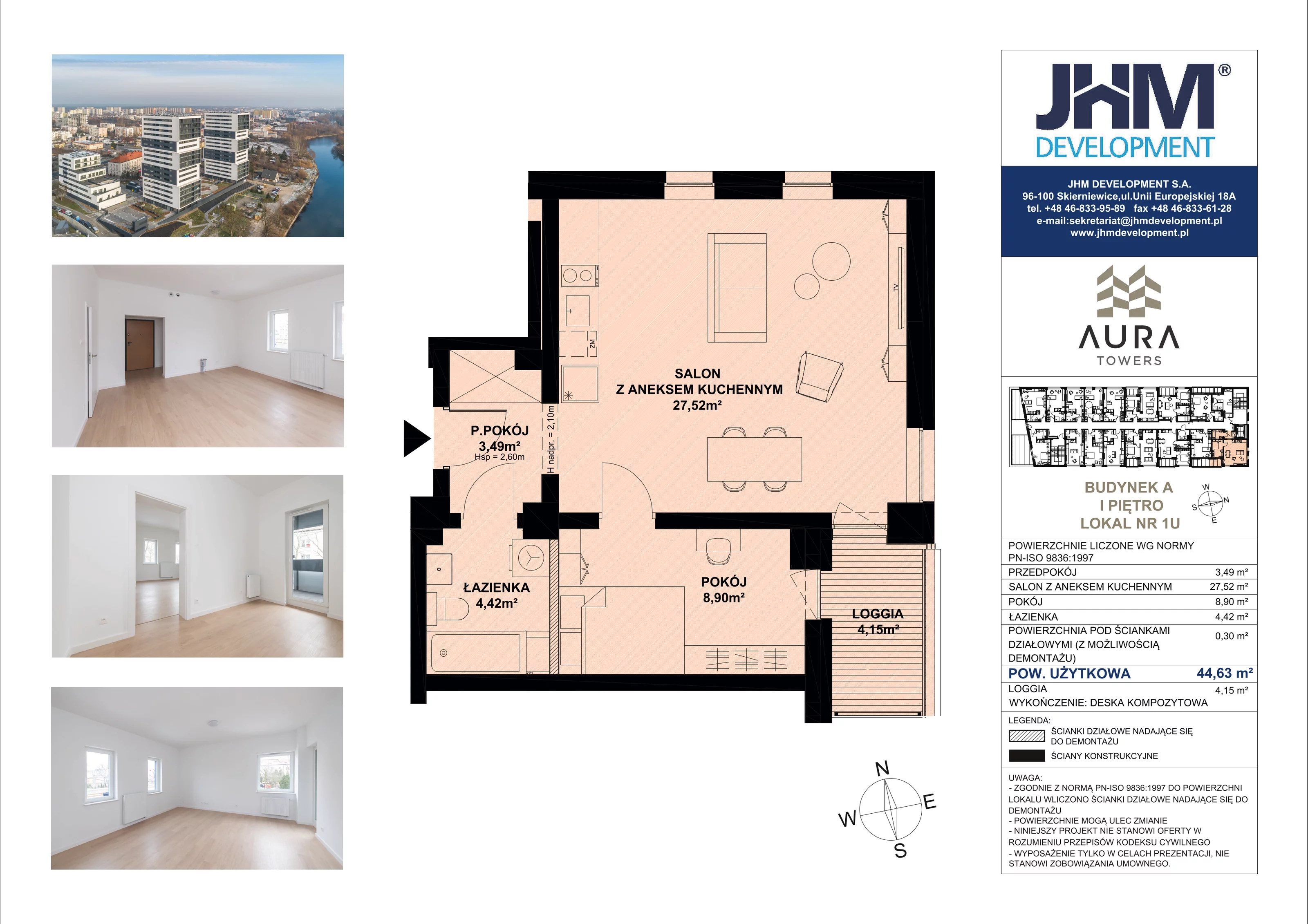 2 pokoje, mieszkanie 44,63 m², piętro 1, oferta nr A.1.1U, Aura Towers w Bydgoszczy - mieszkania z widokiem na Brdę!, Bydgoszcz, Bartodzieje, ul. Fordońska 4