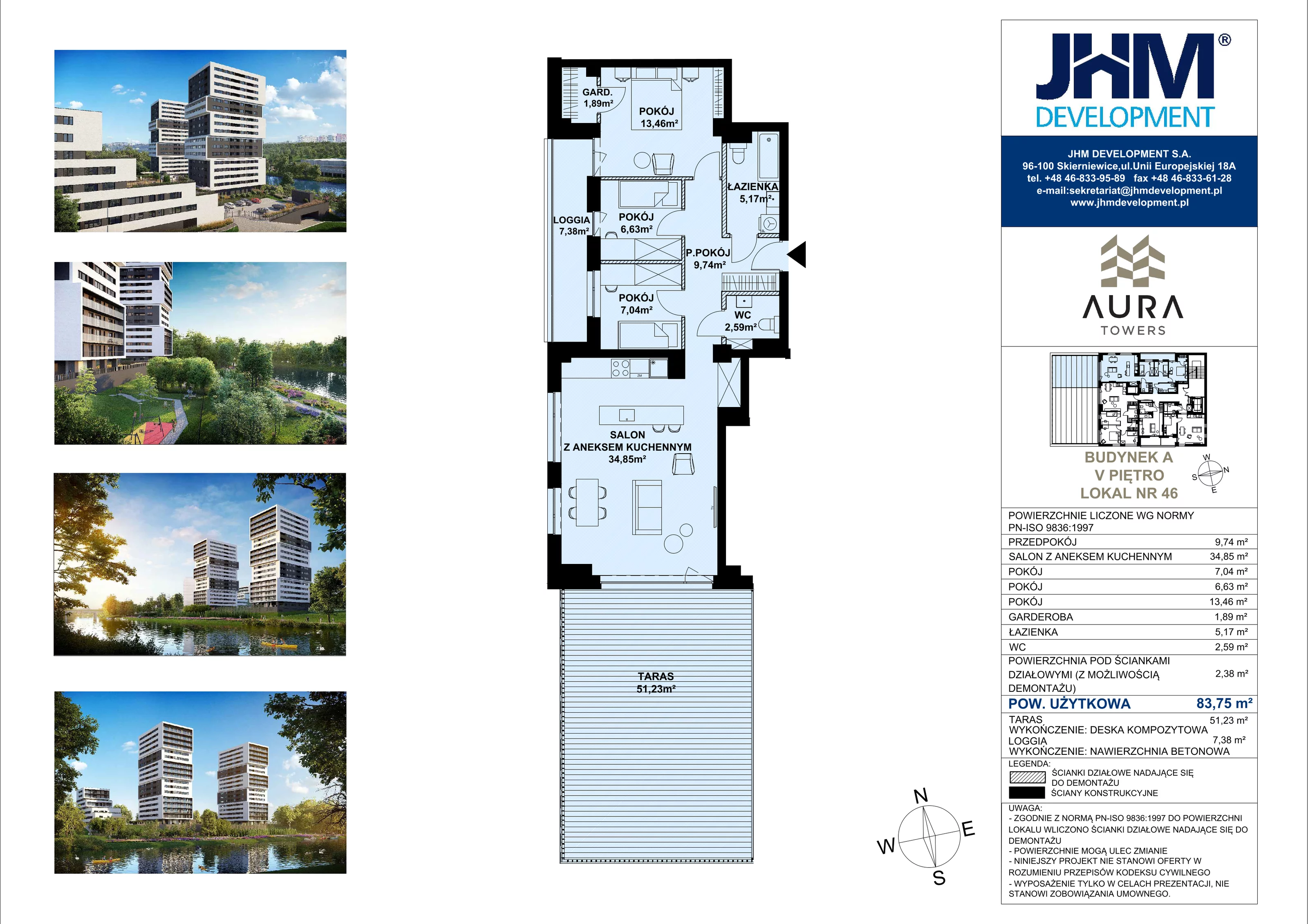 4 pokoje, mieszkanie 83,75 m², piętro 5, oferta nr A.5.46 widok na rzekę, Aura Towers w Bydgoszczy - mieszkania z widokiem na Brdę!, Bydgoszcz, Bartodzieje, ul. Fordońska 4