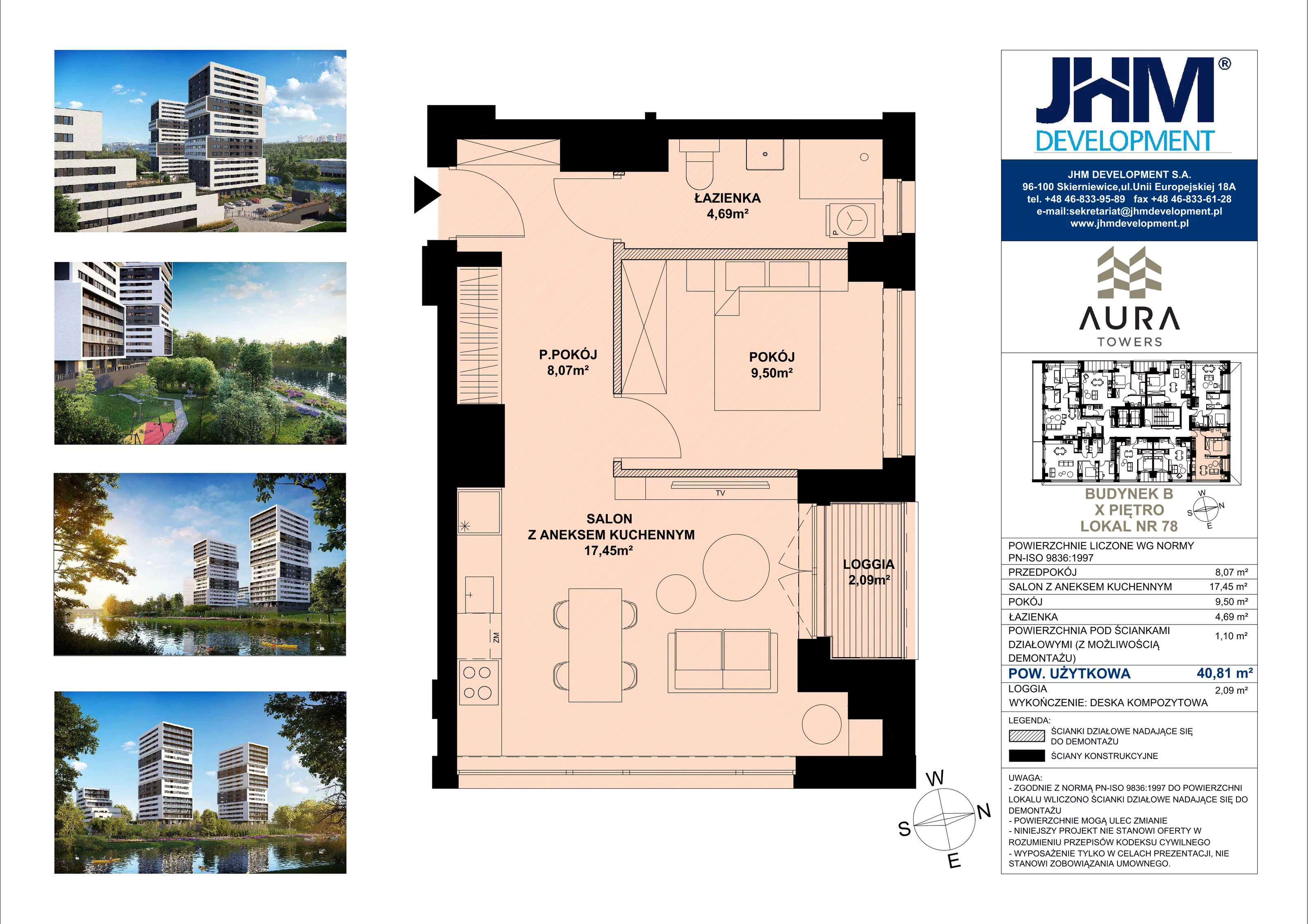 2 pokoje, mieszkanie 40,81 m², piętro 10, oferta nr B.10.78, Aura Towers w Bydgoszczy - mieszkania z widokiem na Brdę!, Bydgoszcz, Bartodzieje, ul. Fordońska 4