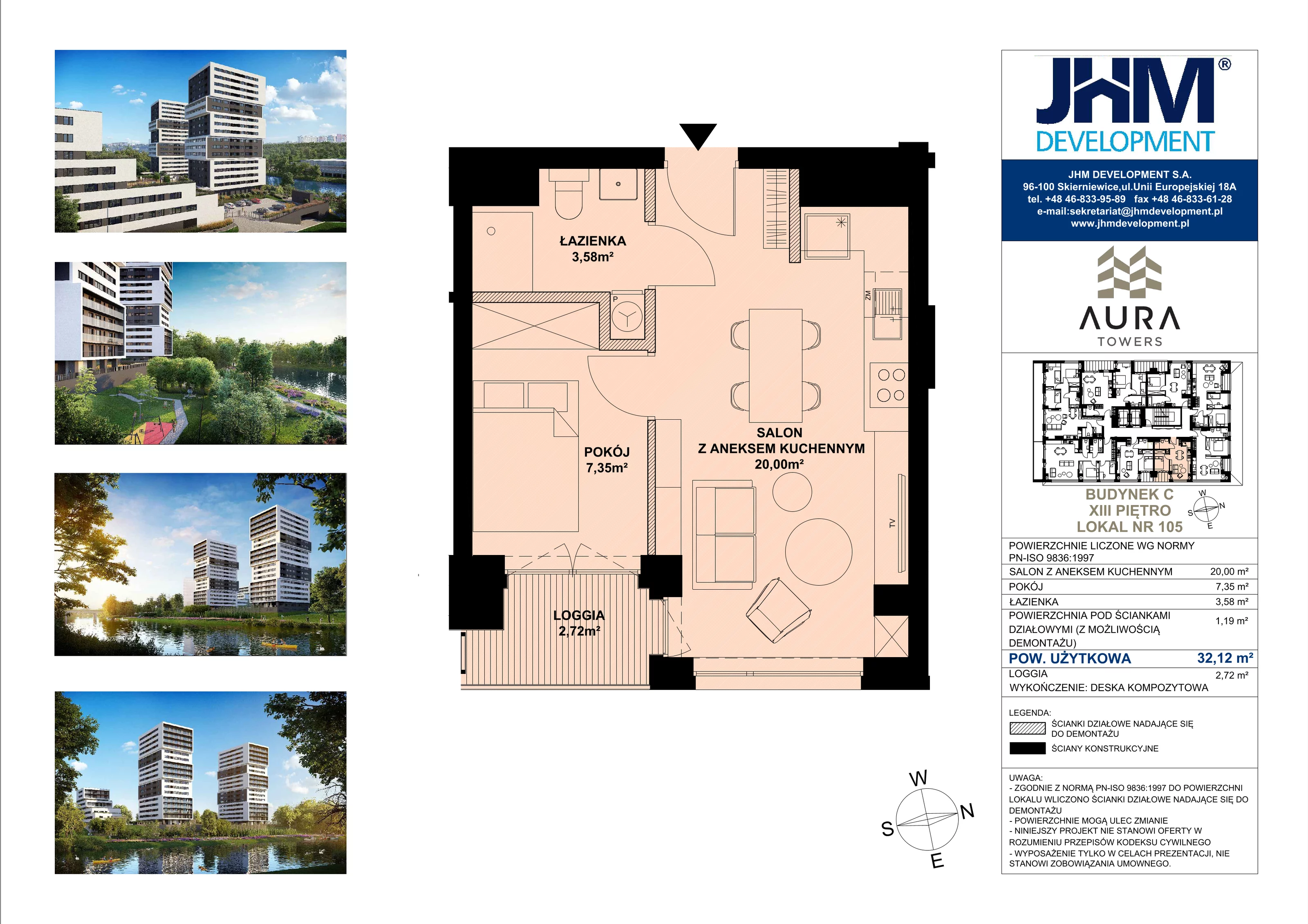 2 pokoje, mieszkanie 32,12 m², piętro 13, oferta nr C.13.105, Aura Towers w Bydgoszczy - mieszkania z widokiem na Brdę!, Bydgoszcz, Bartodzieje, ul. Fordońska 4