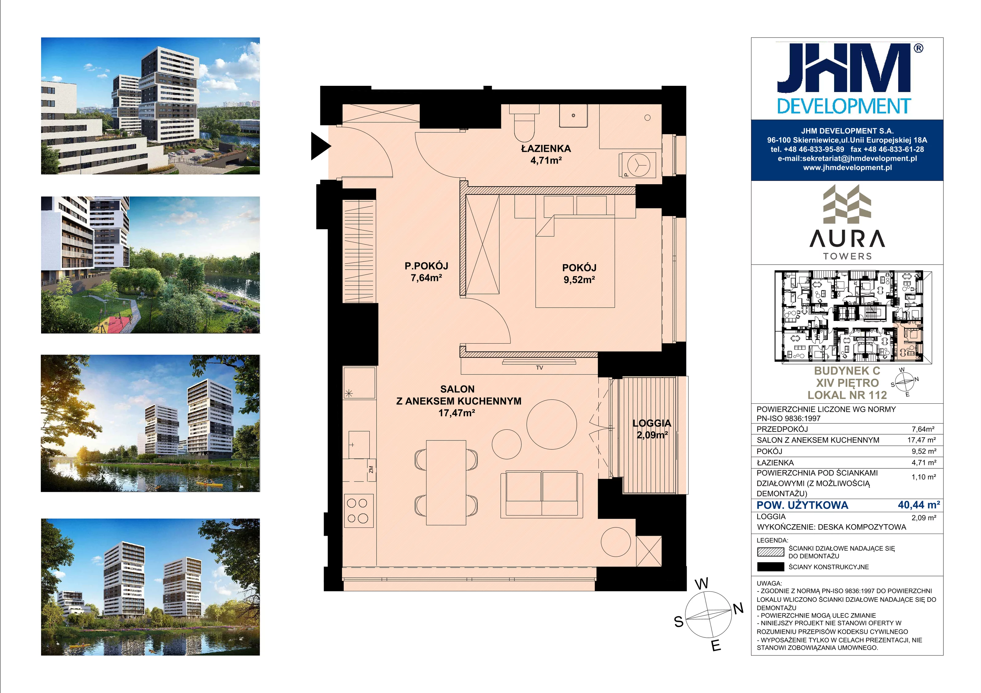 2 pokoje, mieszkanie 40,44 m², piętro 14, oferta nr C.14.112, Aura Towers w Bydgoszczy - mieszkania z widokiem na Brdę!, Bydgoszcz, Bartodzieje, ul. Fordońska 4