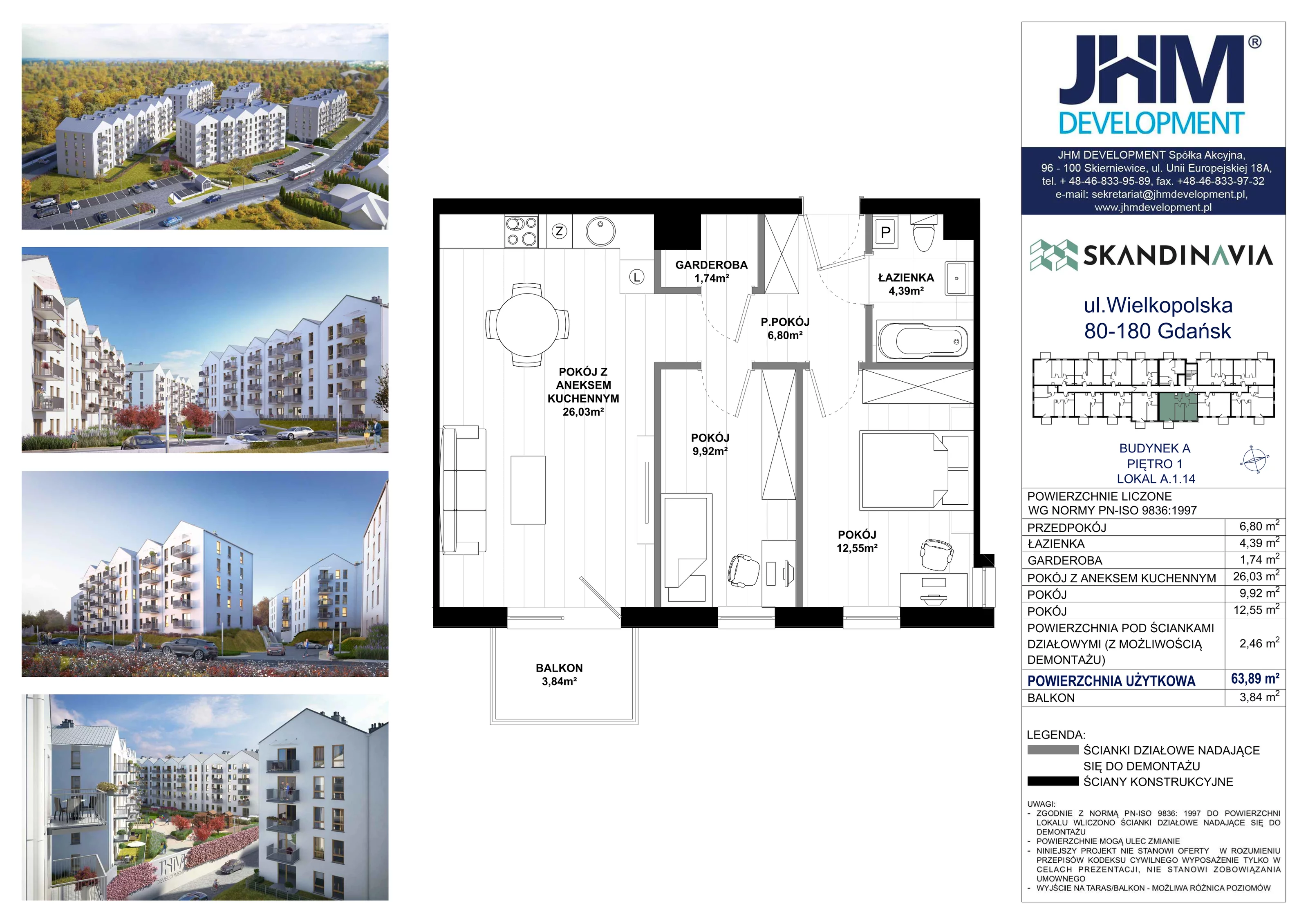 3 pokoje, mieszkanie 63,89 m², piętro 1, oferta nr A.1.14, Skandinavia, Gdańsk, Orunia Górna-Gdańsk Południe, ul. Wielkopolska 66