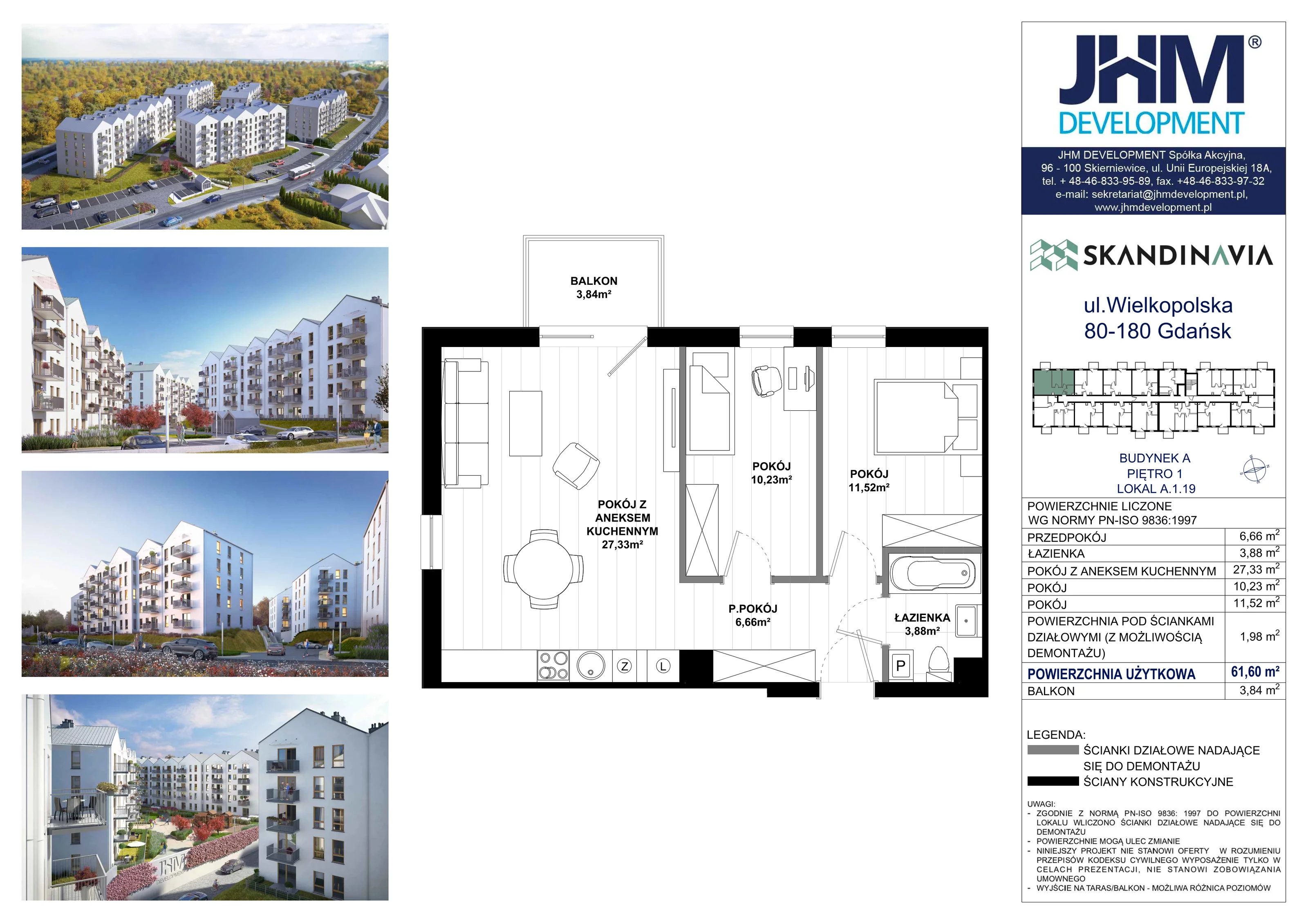 3 pokoje, mieszkanie 61,60 m², piętro 1, oferta nr A.1.19, Skandinavia, Gdańsk, Orunia Górna-Gdańsk Południe, ul. Wielkopolska 66