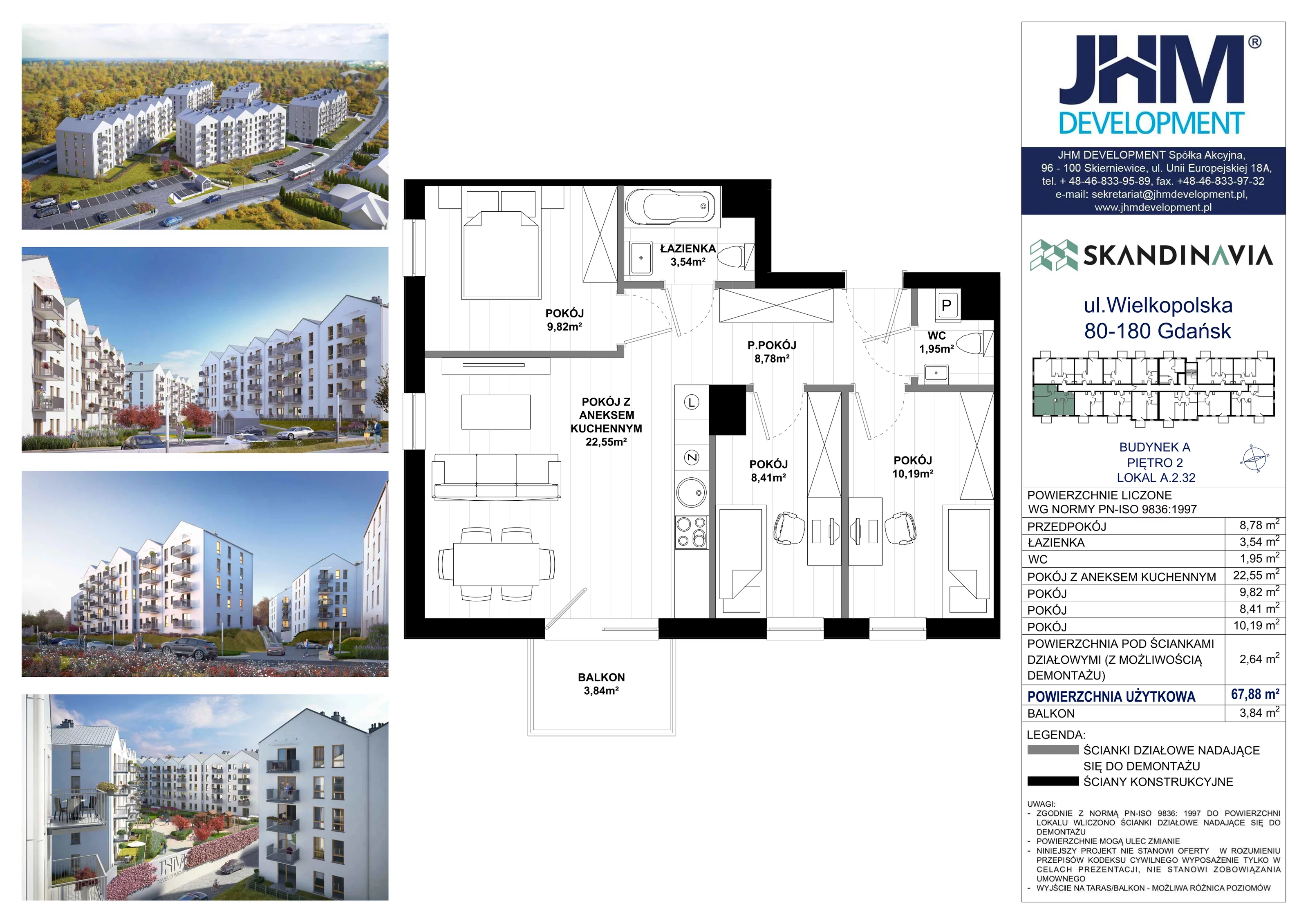 4 pokoje, mieszkanie 67,88 m², piętro 2, oferta nr A.2.32, Skandinavia, Gdańsk, Orunia Górna-Gdańsk Południe, ul. Wielkopolska 66