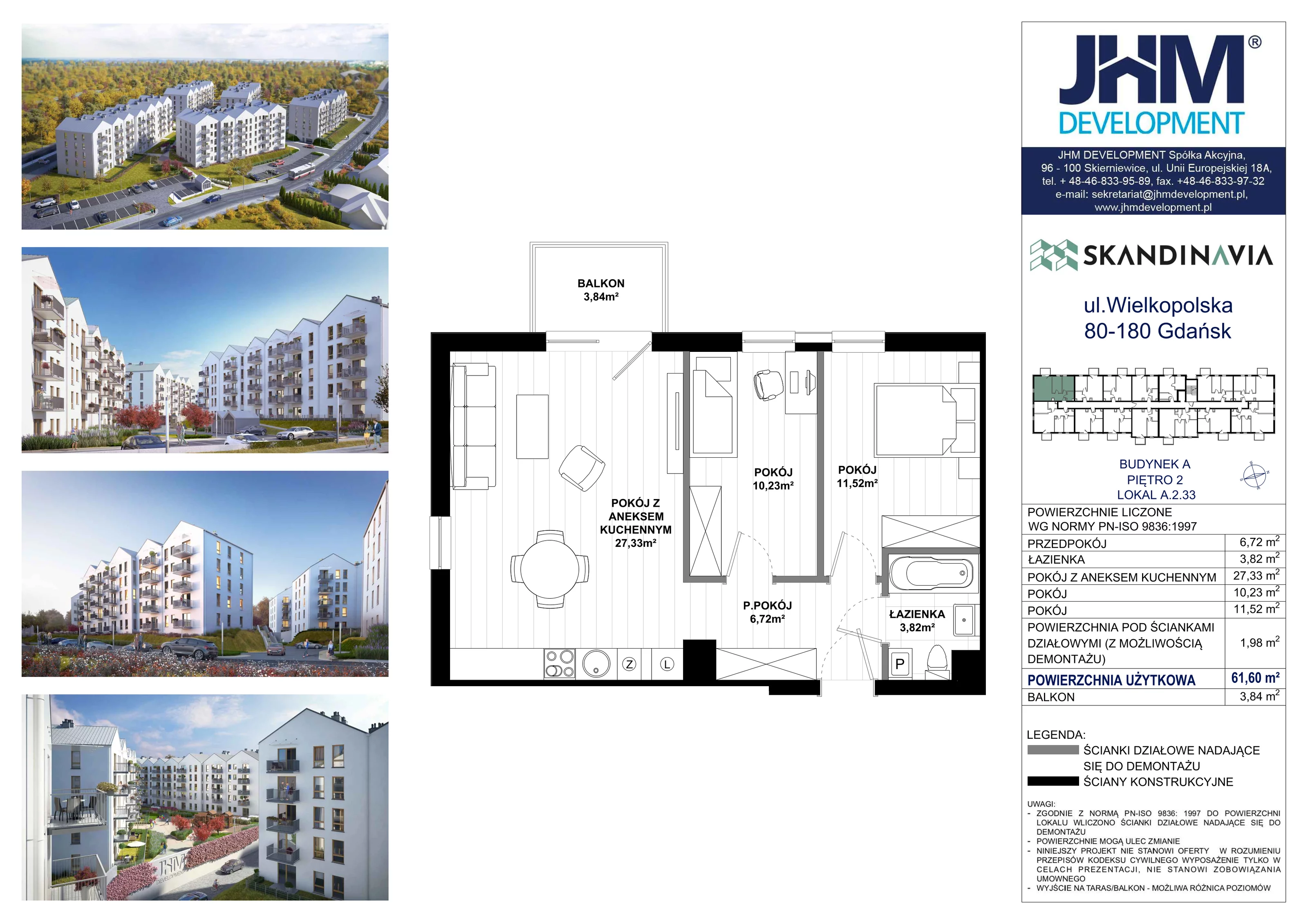 3 pokoje, mieszkanie 61,60 m², piętro 2, oferta nr A.2.33, Skandinavia, Gdańsk, Orunia Górna-Gdańsk Południe, ul. Wielkopolska 66