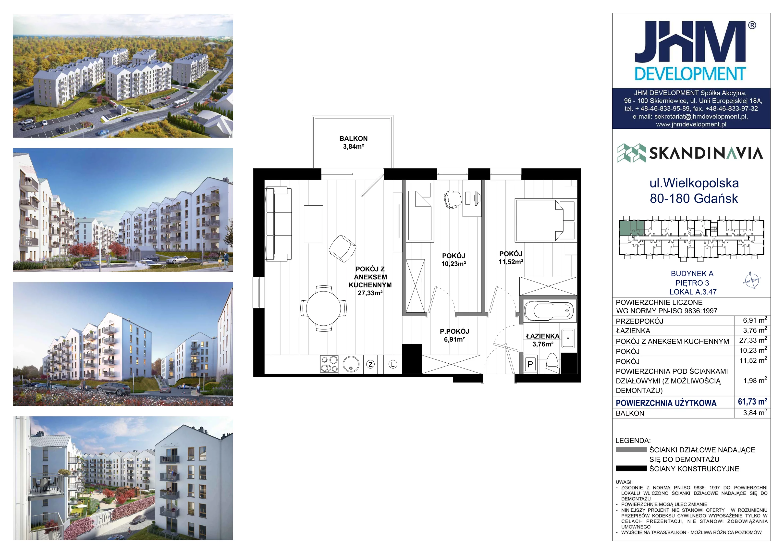 3 pokoje, mieszkanie 61,73 m², piętro 3, oferta nr A.3.47, Skandinavia, Gdańsk, Orunia Górna-Gdańsk Południe, ul. Wielkopolska 66