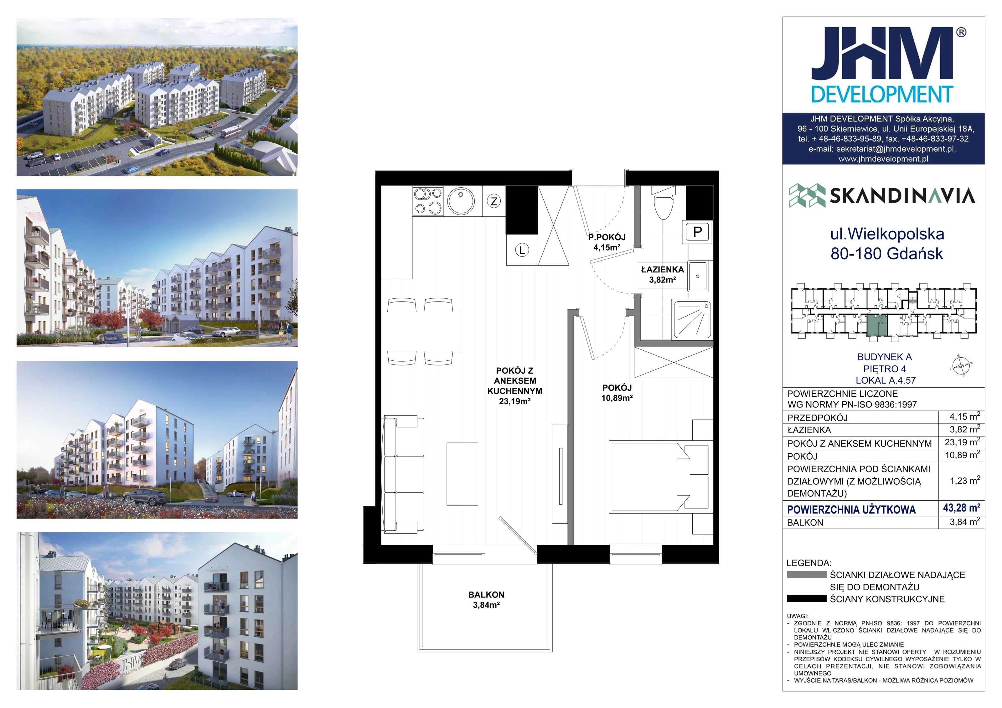 2 pokoje, mieszkanie 43,28 m², piętro 4, oferta nr A.4.57, Skandinavia, Gdańsk, Orunia Górna-Gdańsk Południe, ul. Wielkopolska 66
