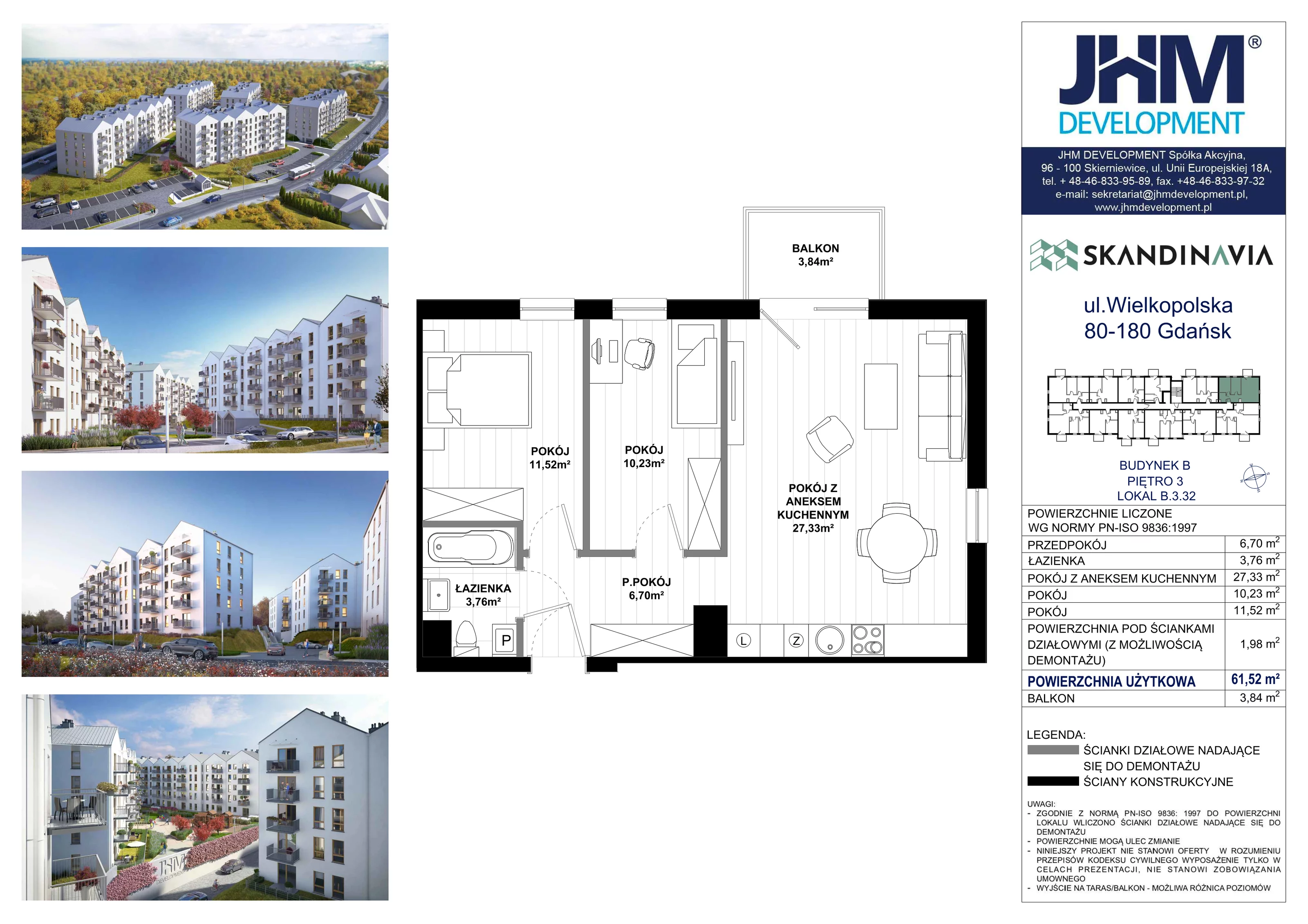 3 pokoje, mieszkanie 61,52 m², piętro 3, oferta nr B.3.32, Skandinavia, Gdańsk, Orunia Górna-Gdańsk Południe, ul. Wielkopolska 66