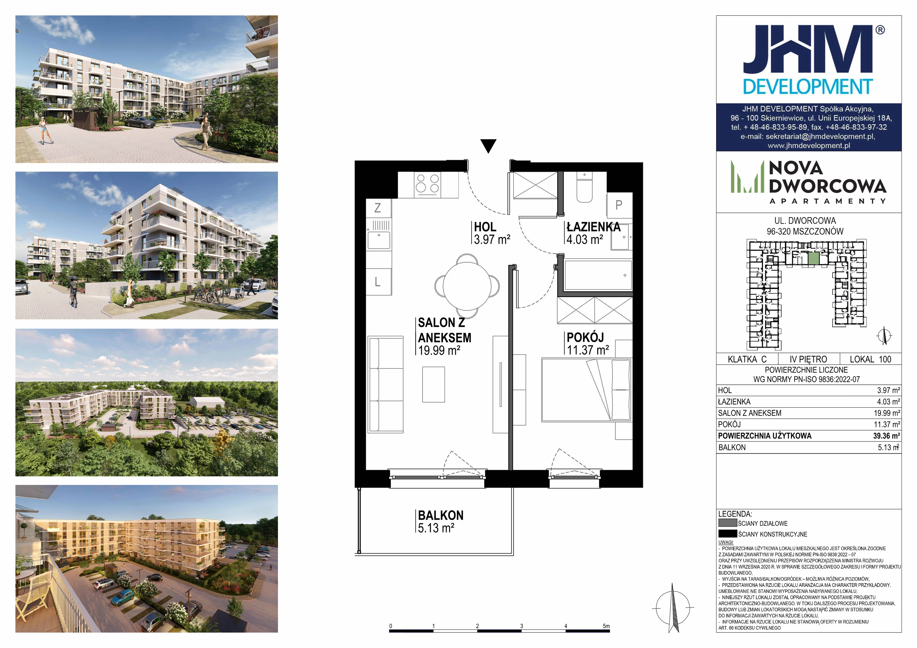 2 pokoje, mieszkanie 39,36 m², piętro 4, oferta nr 100, Nova Dworcowa Apartamenty, Mszczonów, ul. Dworcowa 40