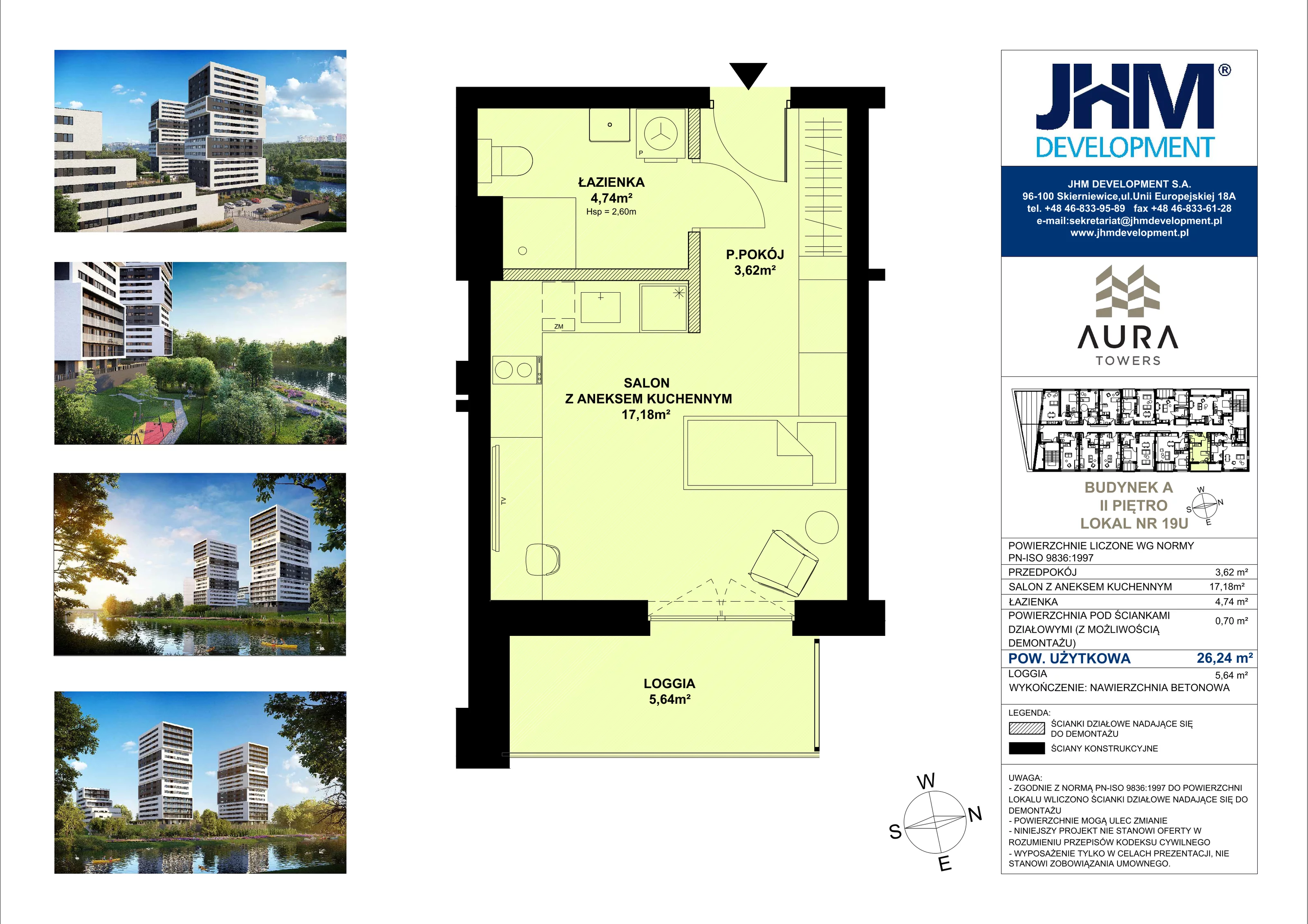 1 pokój, mieszkanie 26,24 m², piętro 2, oferta nr A.2.19U, Aura Towers w Bydgoszczy - mieszkania z widokiem na Brdę!, Bydgoszcz, Bartodzieje, ul. Fordońska 4
