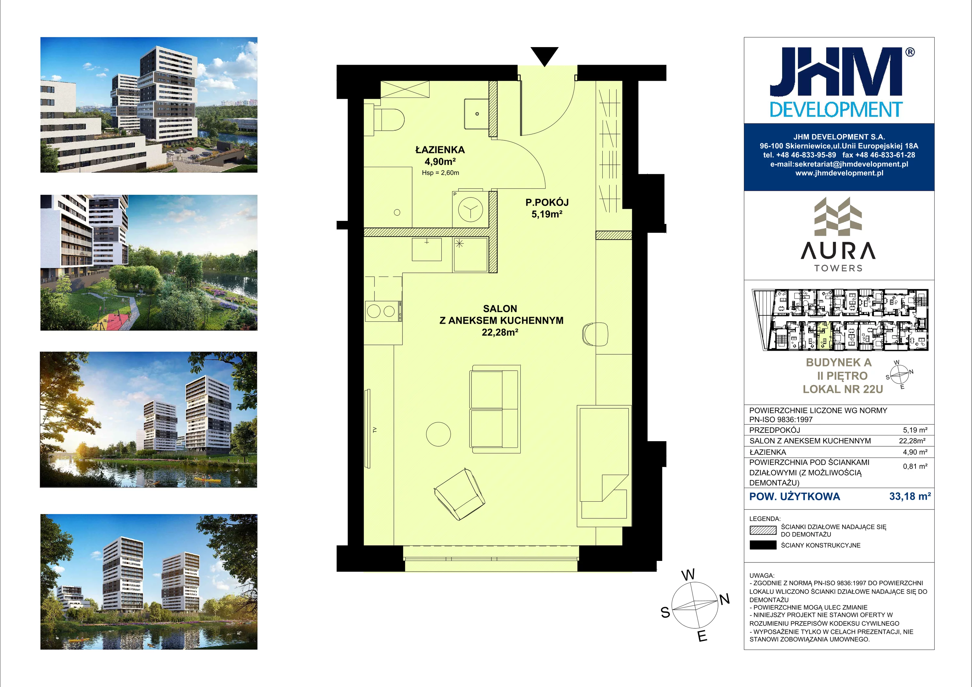 1 pokój, mieszkanie 33,18 m², piętro 2, oferta nr A.2.22U, Aura Towers w Bydgoszczy - mieszkania z widokiem na Brdę!, Bydgoszcz, Bartodzieje, ul. Fordońska 4