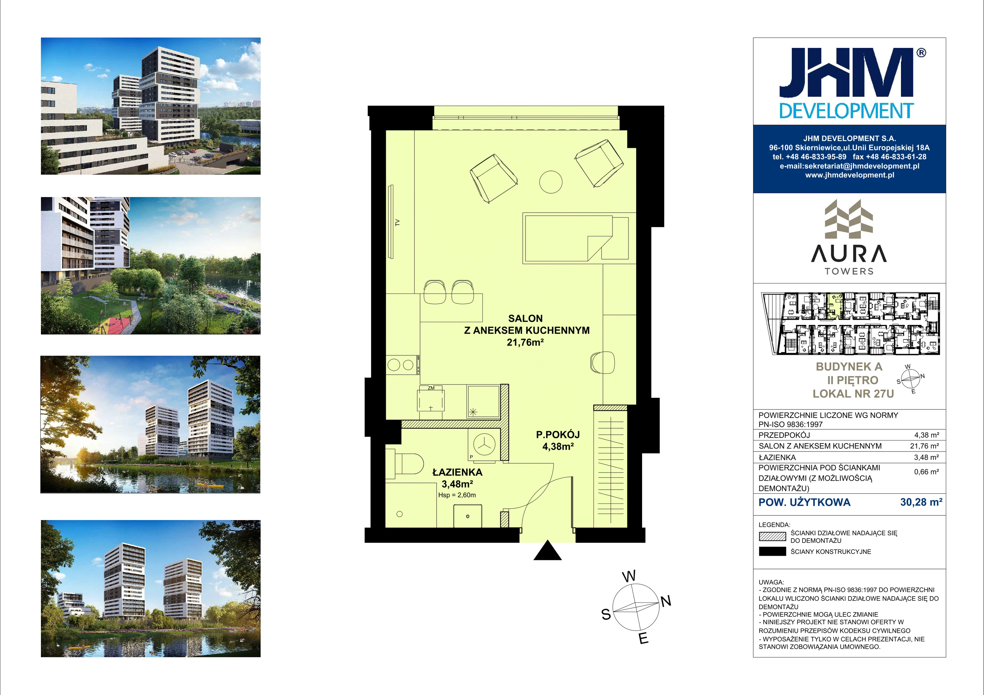 1 pokój, mieszkanie 30,28 m², piętro 2, oferta nr A.2.27U, Aura Towers w Bydgoszczy - mieszkania z widokiem na Brdę!, Bydgoszcz, Bartodzieje, ul. Fordońska 4