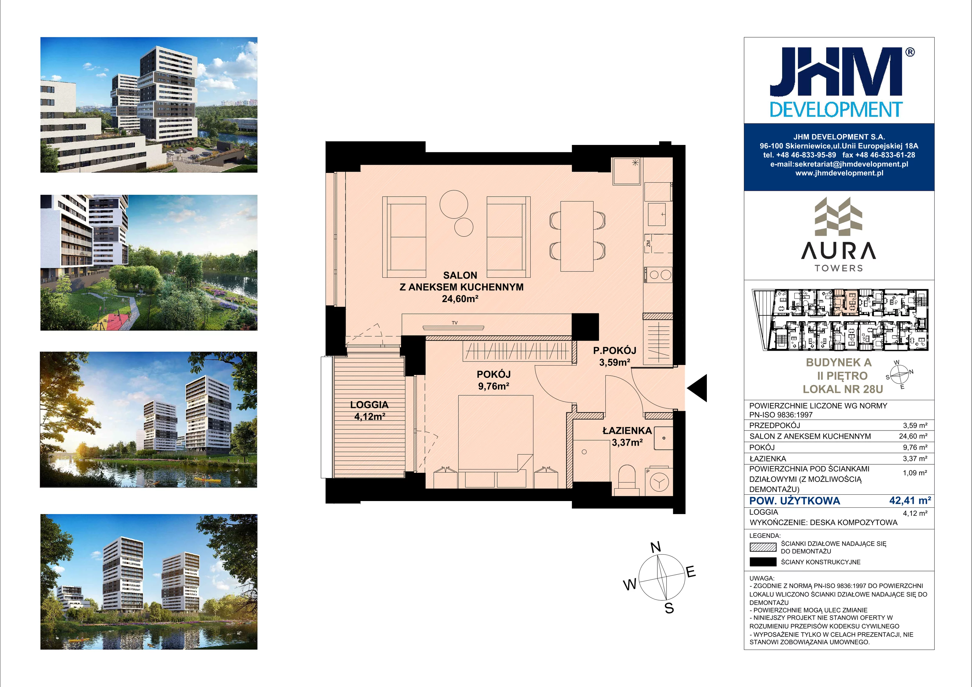 2 pokoje, mieszkanie 42,41 m², piętro 2, oferta nr A.2.28U, Aura Towers w Bydgoszczy - mieszkania z widokiem na Brdę!, Bydgoszcz, Bartodzieje, ul. Fordońska 4