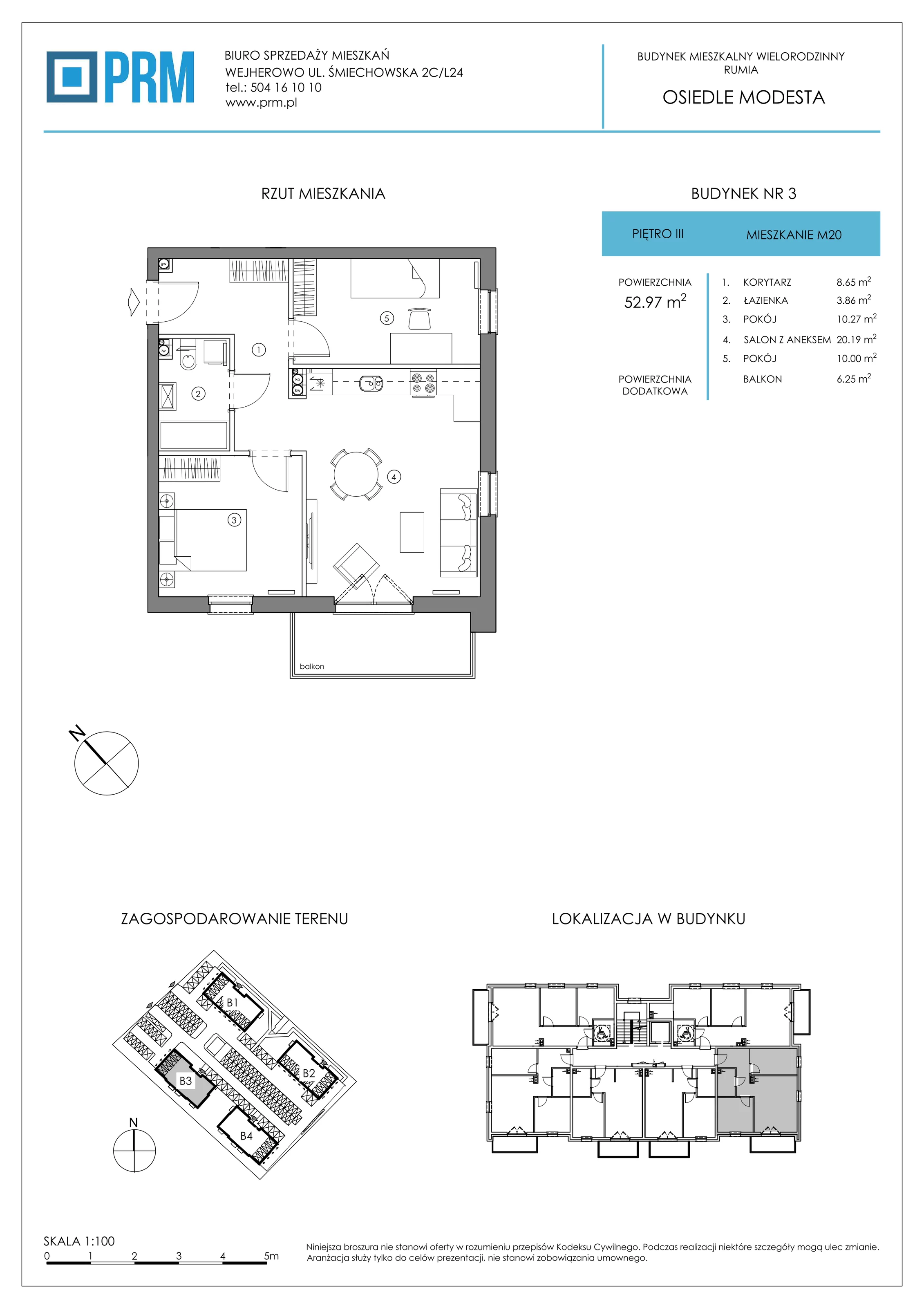 3 pokoje, mieszkanie 52,97 m², piętro 3, oferta nr Bud-3-M20, Osiedle MODESTA - etap II, Rumia, Lotnisko, ul. Jeziorna