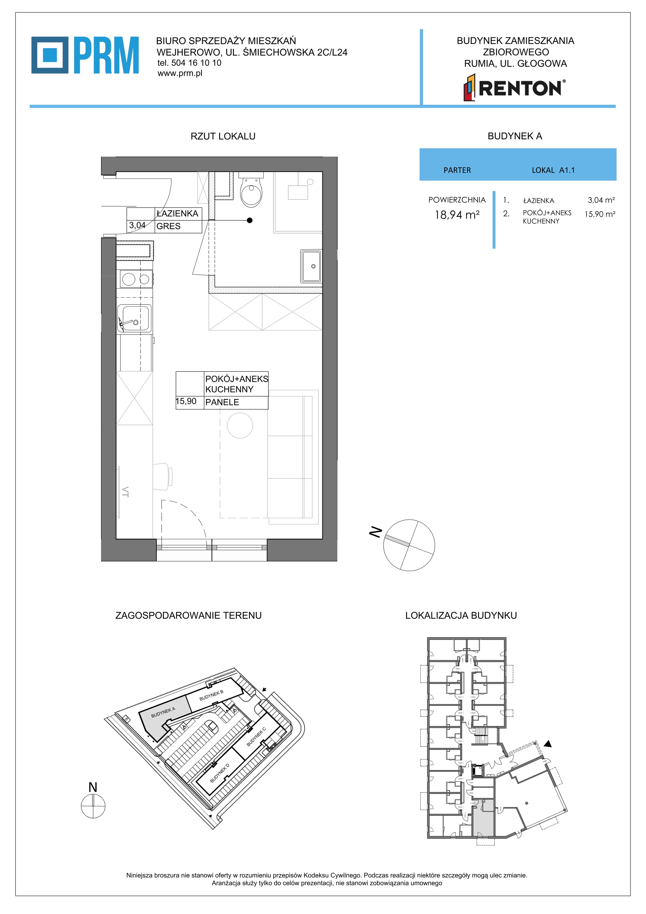 1 pokój, lokal inwestycyjny 18,94 m², parter, oferta nr A1.1, RENTON - Kawalerki inwestycyjne , Rumia, Biała Rzeka, ul. Głogowa