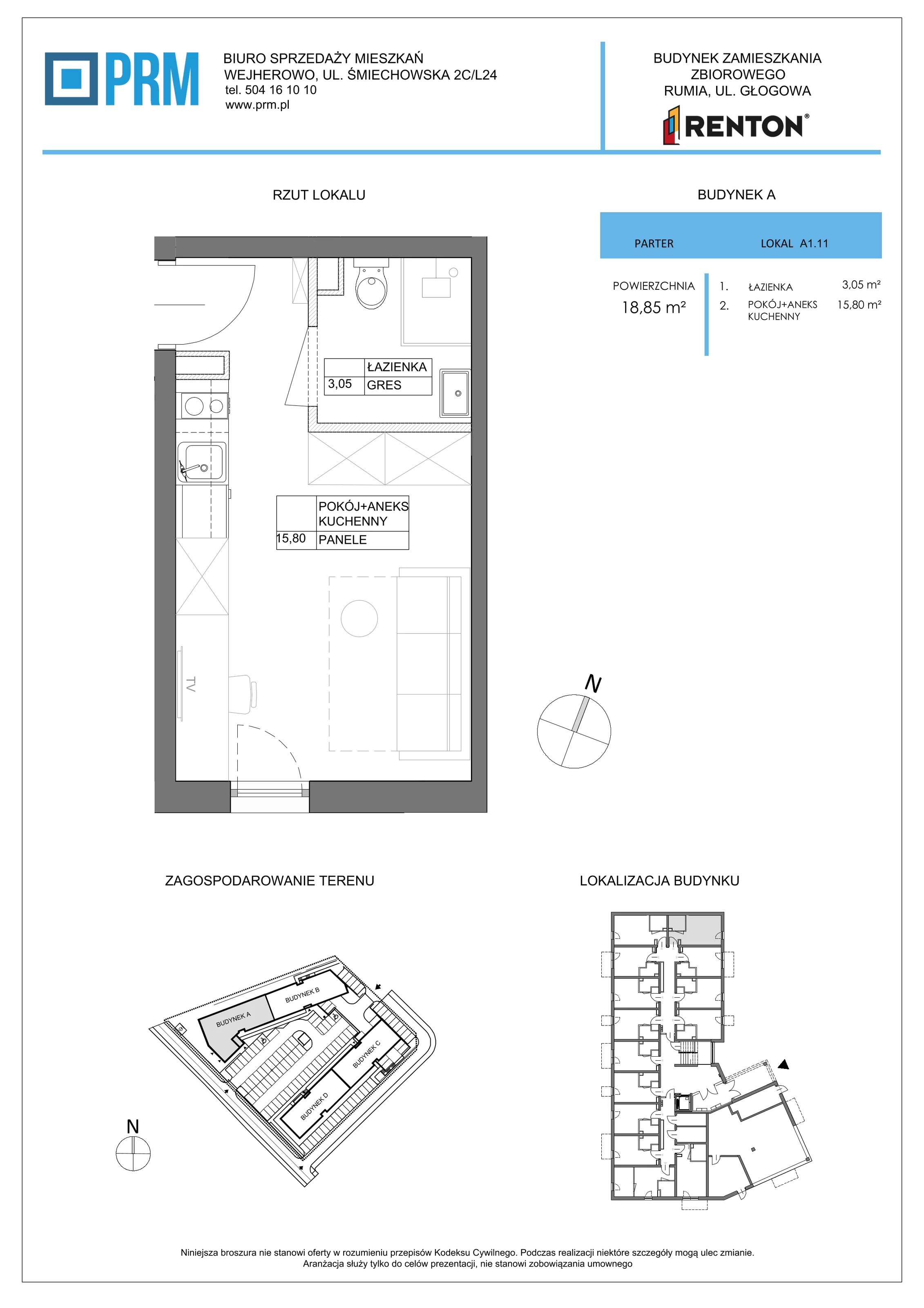 1 pokój, lokal inwestycyjny 18,85 m², parter, oferta nr A1.11, RENTON - Kawalerki inwestycyjne , Rumia, Biała Rzeka, ul. Głogowa