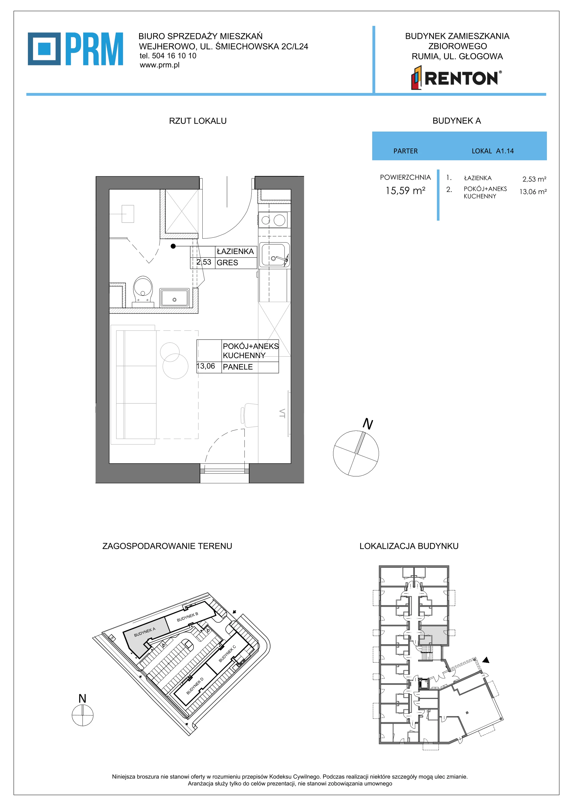 1 pokój, lokal inwestycyjny 15,59 m², parter, oferta nr A1.14, RENTON - Kawalerki inwestycyjne , Rumia, Biała Rzeka, ul. Głogowa