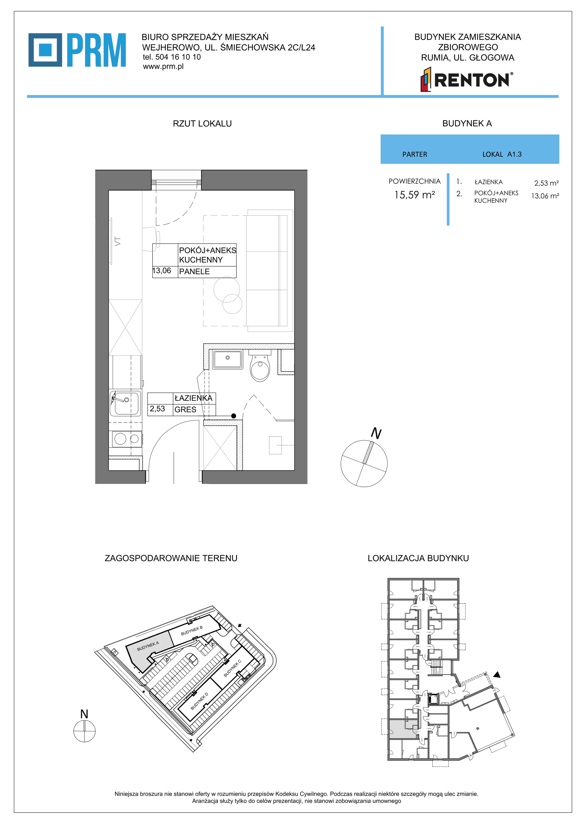 1 pokój, lokal inwestycyjny 15,59 m², parter, oferta nr A1.3, RENTON - Kawalerki inwestycyjne , Rumia, Biała Rzeka, ul. Głogowa