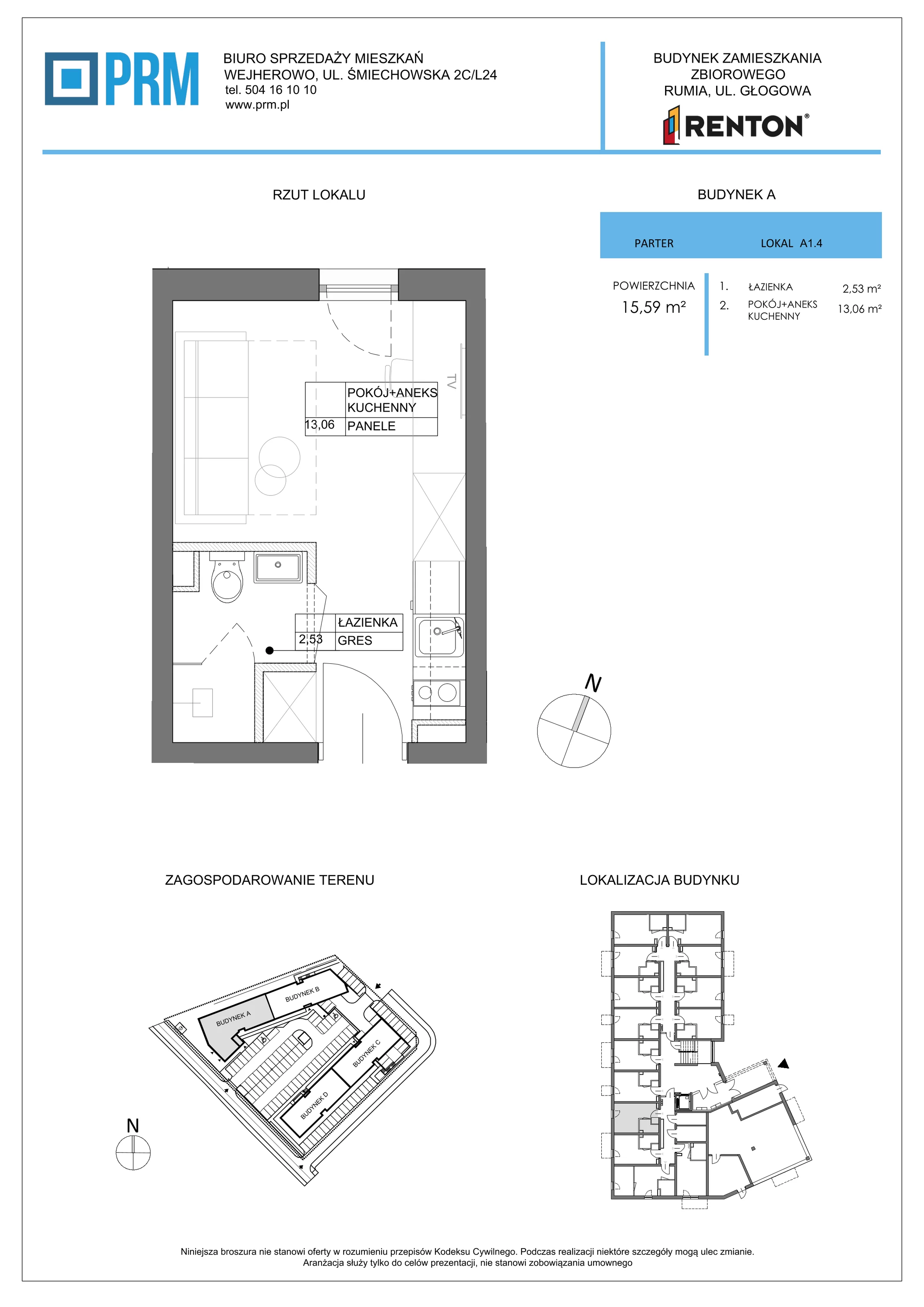 1 pokój, lokal inwestycyjny 15,59 m², parter, oferta nr A1.4, RENTON - Kawalerki inwestycyjne , Rumia, Biała Rzeka, ul. Głogowa