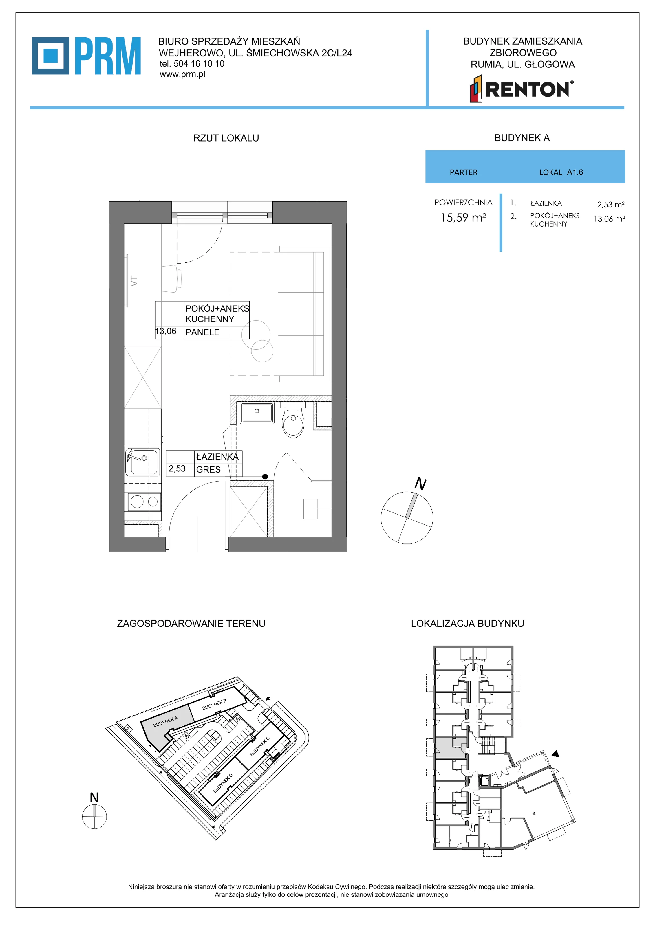 1 pokój, lokal inwestycyjny 15,59 m², parter, oferta nr A1.6, RENTON - Kawalerki inwestycyjne , Rumia, Biała Rzeka, ul. Głogowa