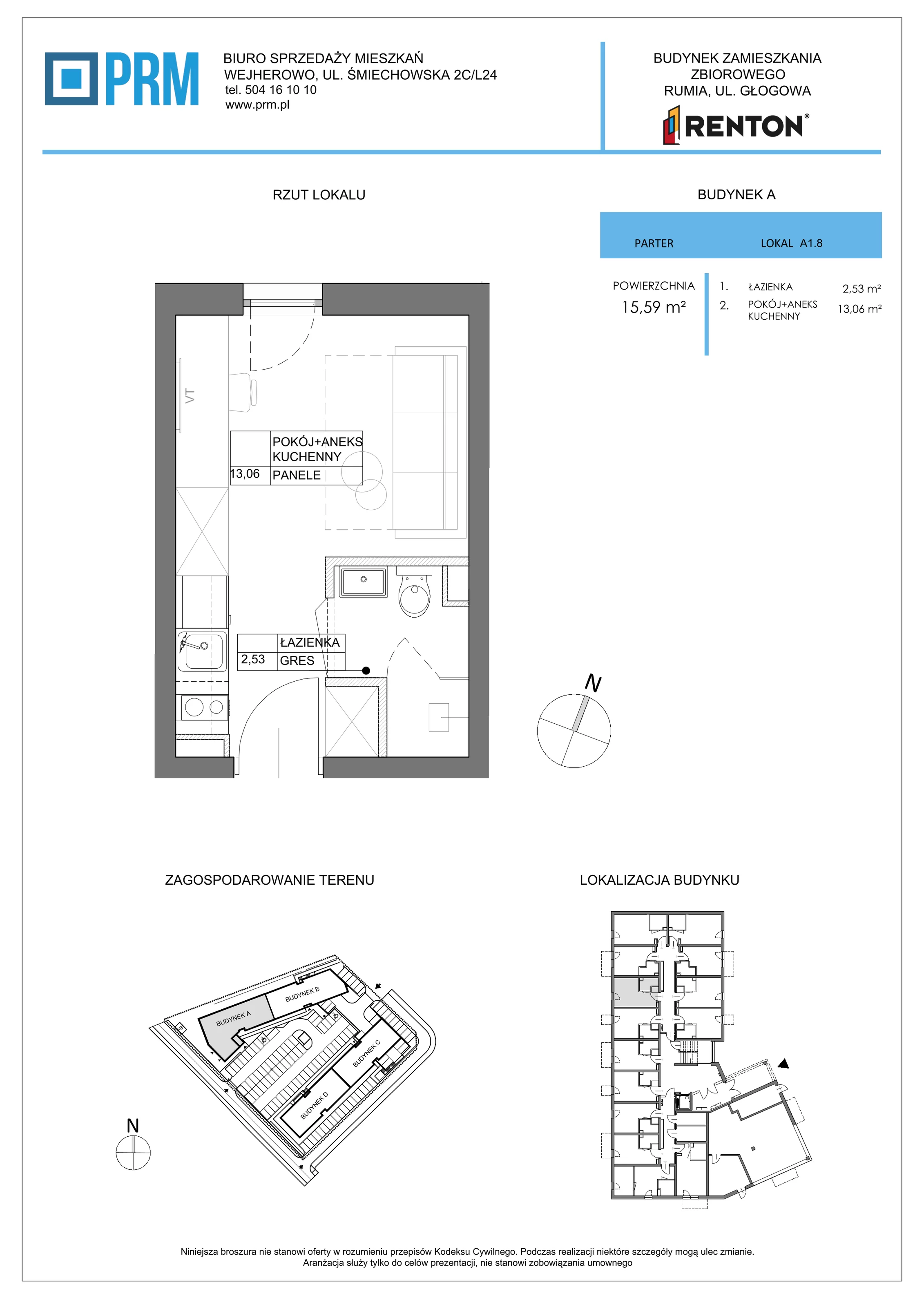 1 pokój, lokal inwestycyjny 15,59 m², parter, oferta nr A1.8, RENTON - Kawalerki inwestycyjne , Rumia, Biała Rzeka, ul. Głogowa