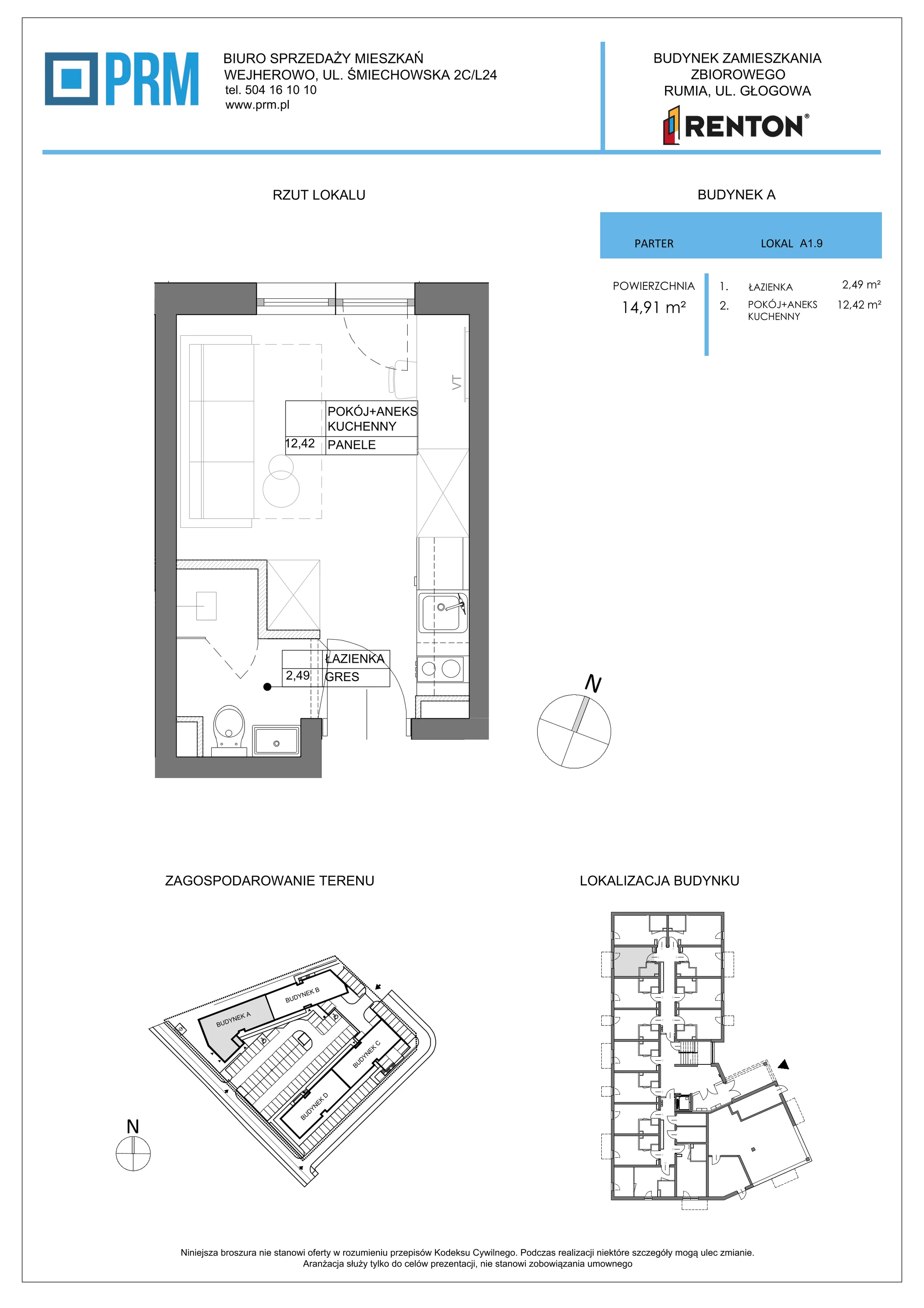 1 pokój, lokal inwestycyjny 14,91 m², parter, oferta nr A1.9, RENTON - Kawalerki inwestycyjne , Rumia, Biała Rzeka, ul. Głogowa