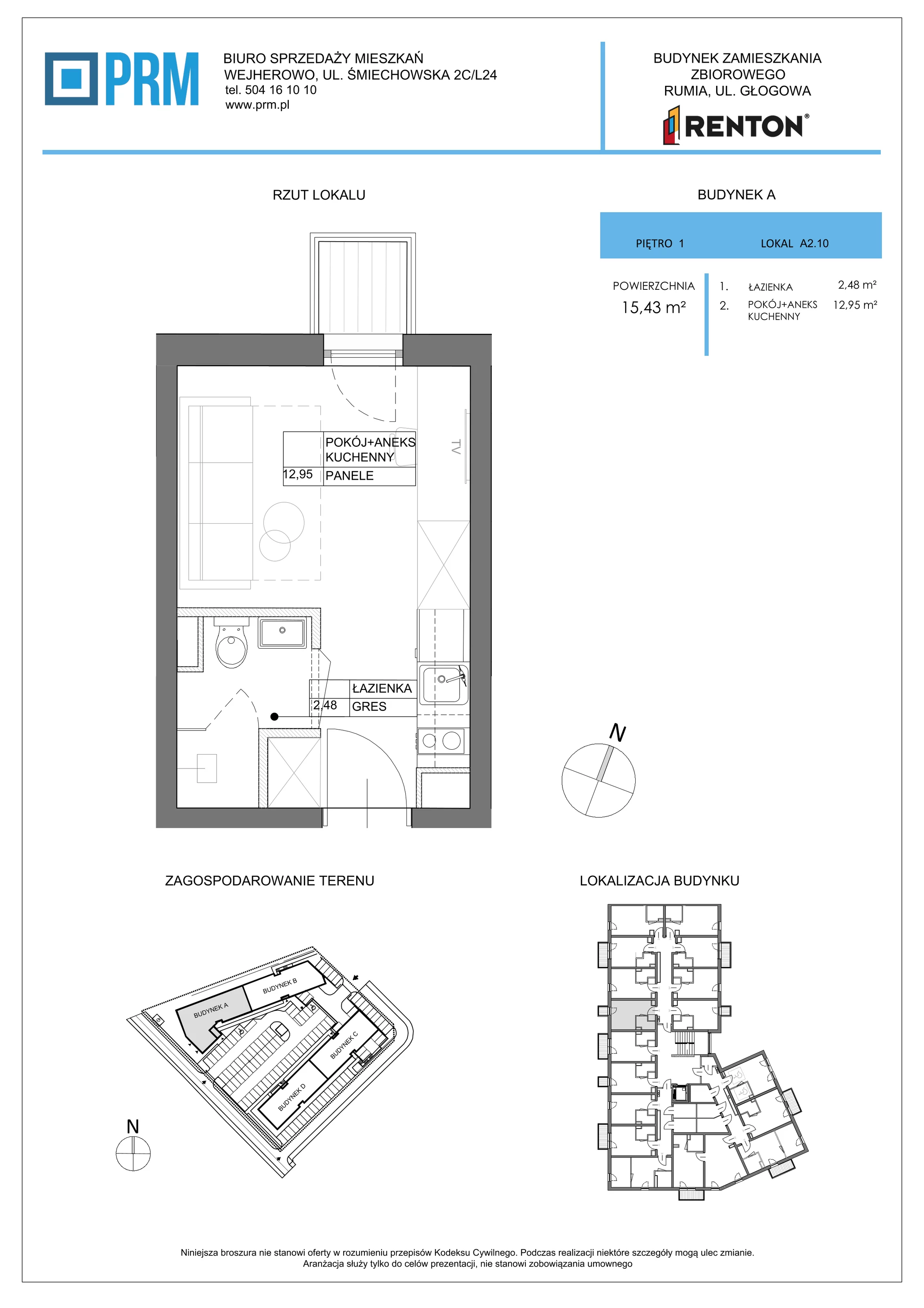 1 pokój, lokal inwestycyjny 15,43 m², piętro 1, oferta nr A2.10, RENTON - Kawalerki inwestycyjne , Rumia, Biała Rzeka, ul. Głogowa