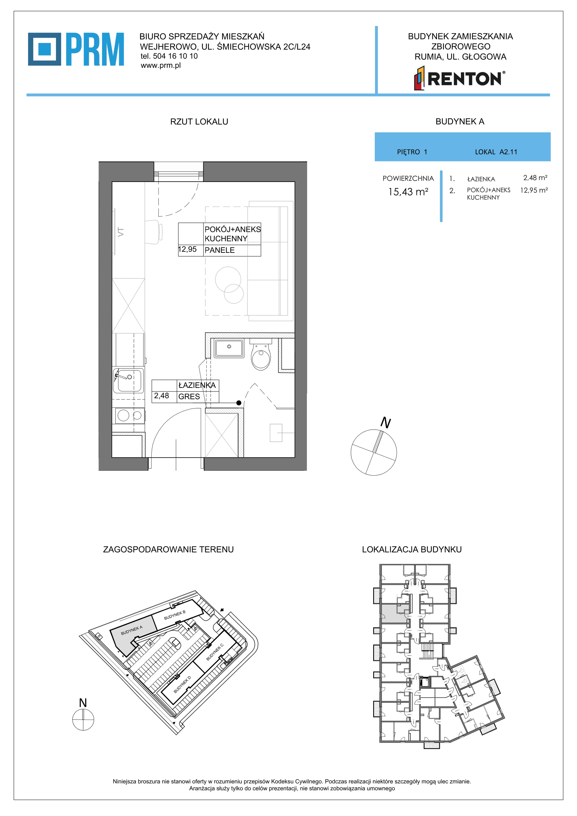 1 pokój, lokal inwestycyjny 15,43 m², piętro 1, oferta nr A2.11, RENTON - Kawalerki inwestycyjne , Rumia, Biała Rzeka, ul. Głogowa