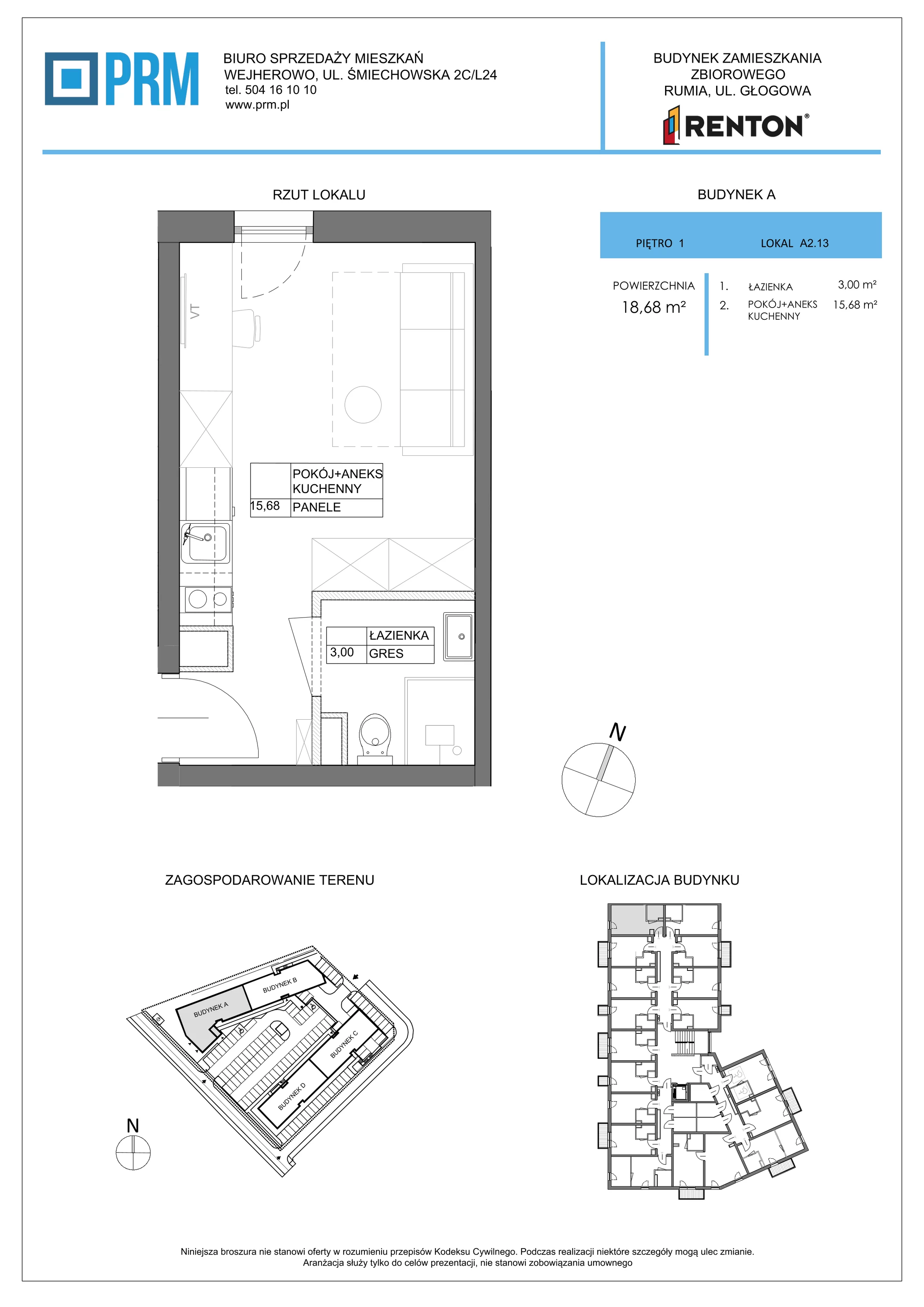 1 pokój, lokal inwestycyjny 18,68 m², piętro 1, oferta nr A2.13, RENTON - Kawalerki inwestycyjne , Rumia, Biała Rzeka, ul. Głogowa