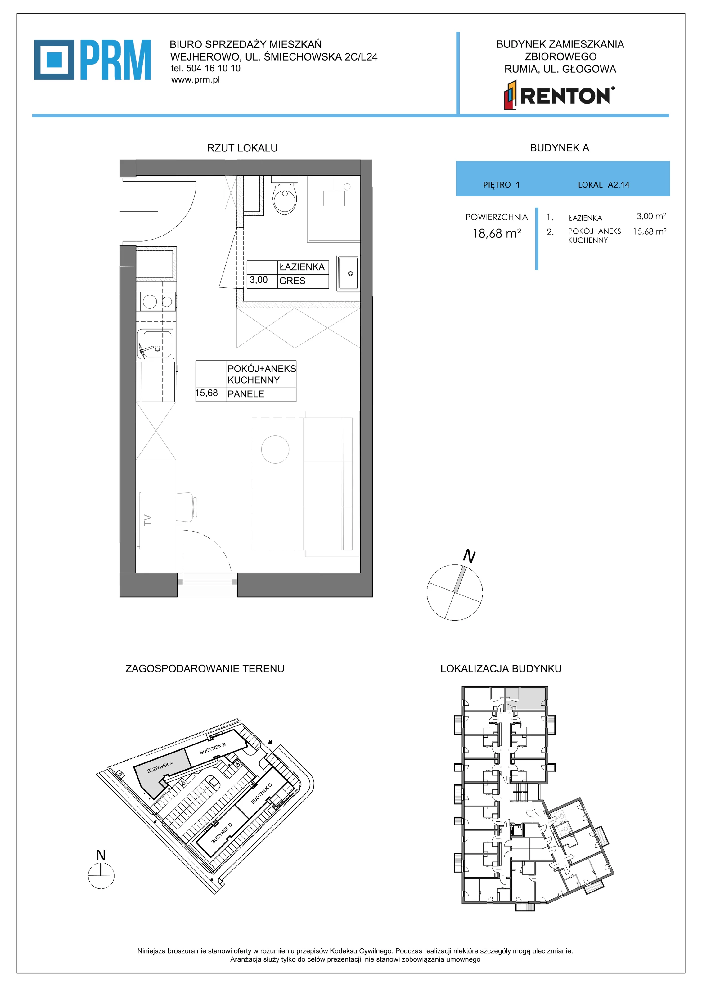 1 pokój, lokal inwestycyjny 18,68 m², piętro 1, oferta nr A2.14, RENTON - Kawalerki inwestycyjne , Rumia, Biała Rzeka, ul. Głogowa