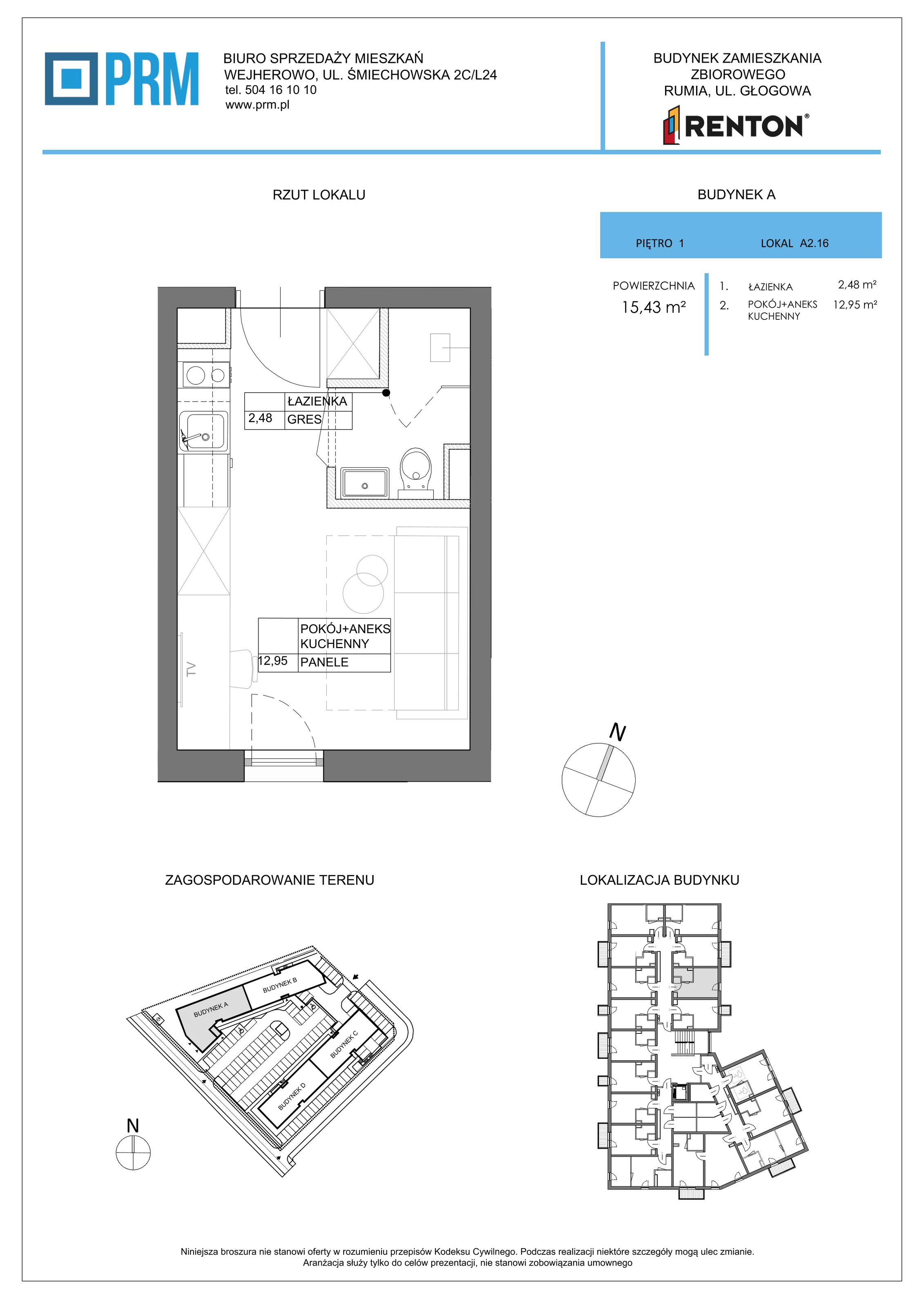 1 pokój, lokal inwestycyjny 15,43 m², piętro 1, oferta nr A2.16, RENTON - Kawalerki inwestycyjne , Rumia, Biała Rzeka, ul. Głogowa