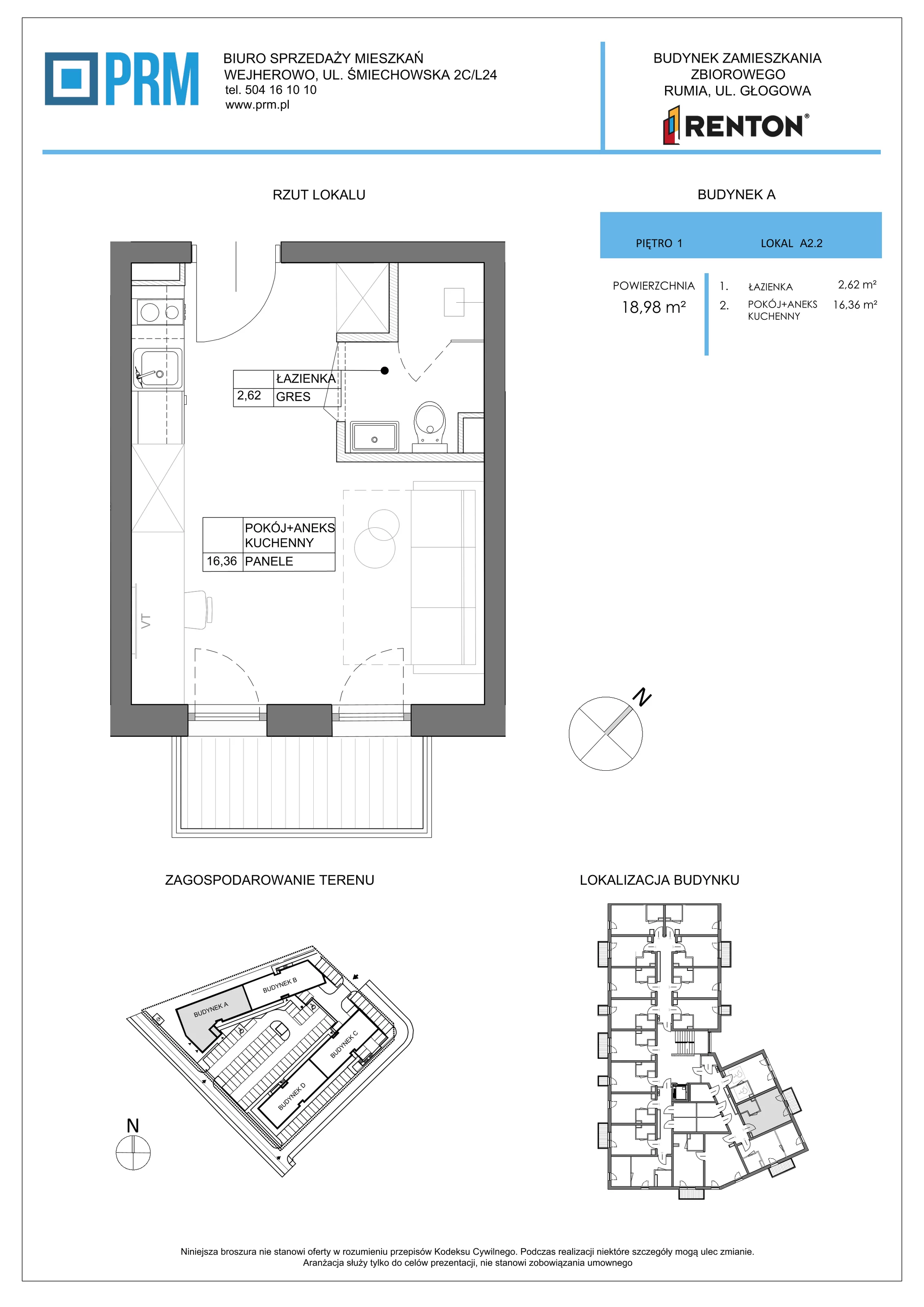 1 pokój, lokal inwestycyjny 18,98 m², piętro 1, oferta nr A2.2, RENTON - Kawalerki inwestycyjne , Rumia, Biała Rzeka, ul. Głogowa